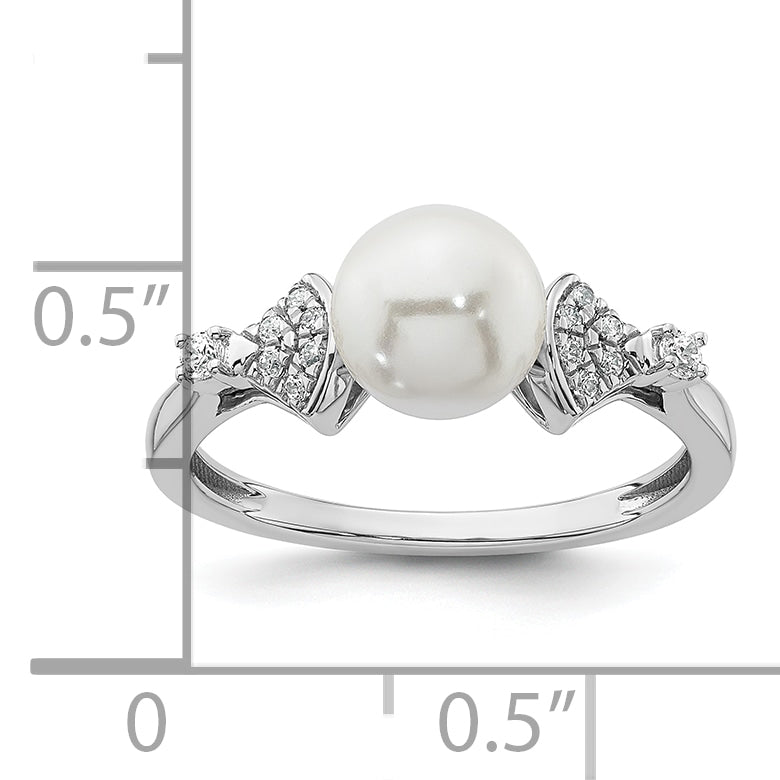 14K White Gold Polished 1/10 carat Diamond and White Freshwater Cultured Pearl Size 7 Ring