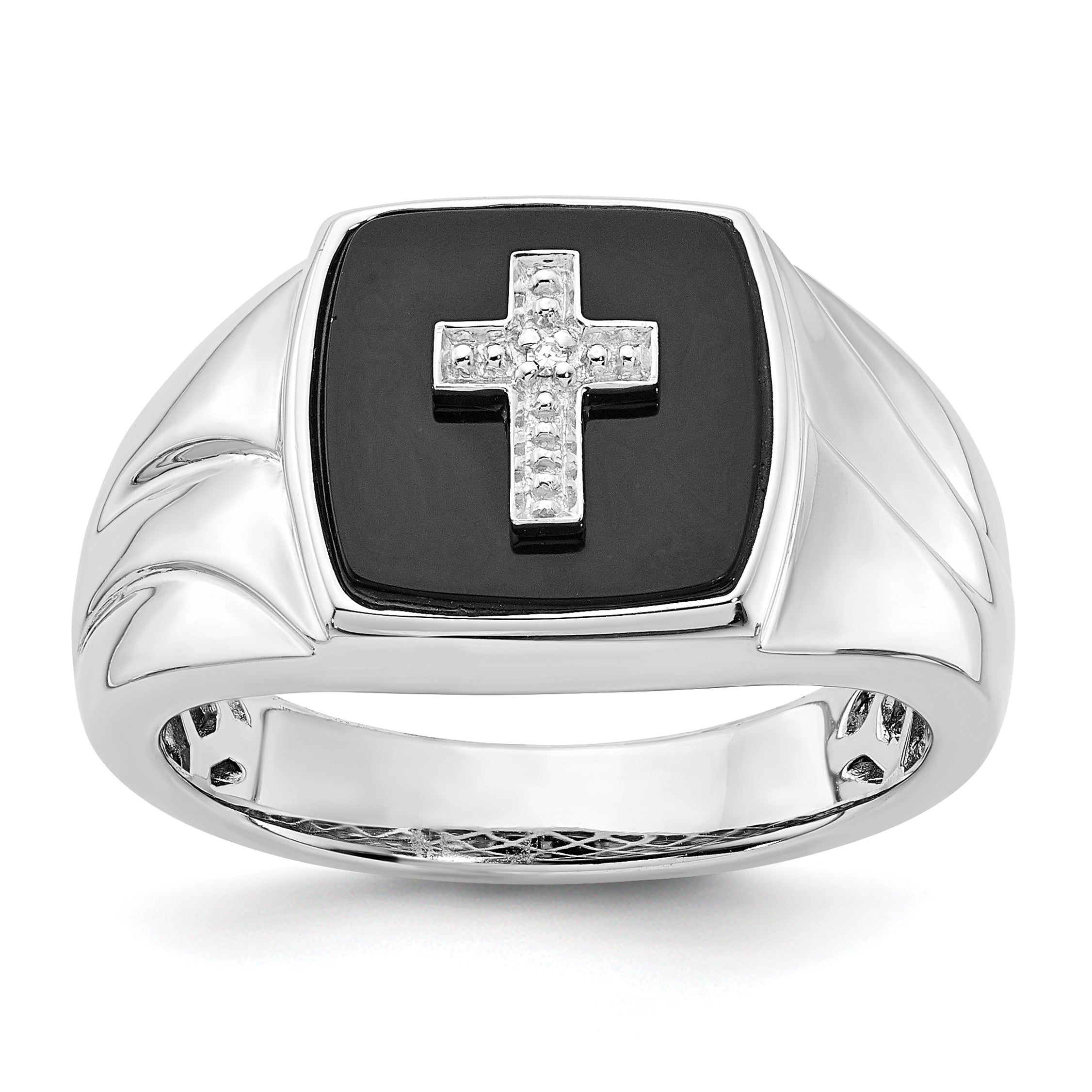 Sterling Silver Polished Onyx & Diamond Cross Men's Ring Main image