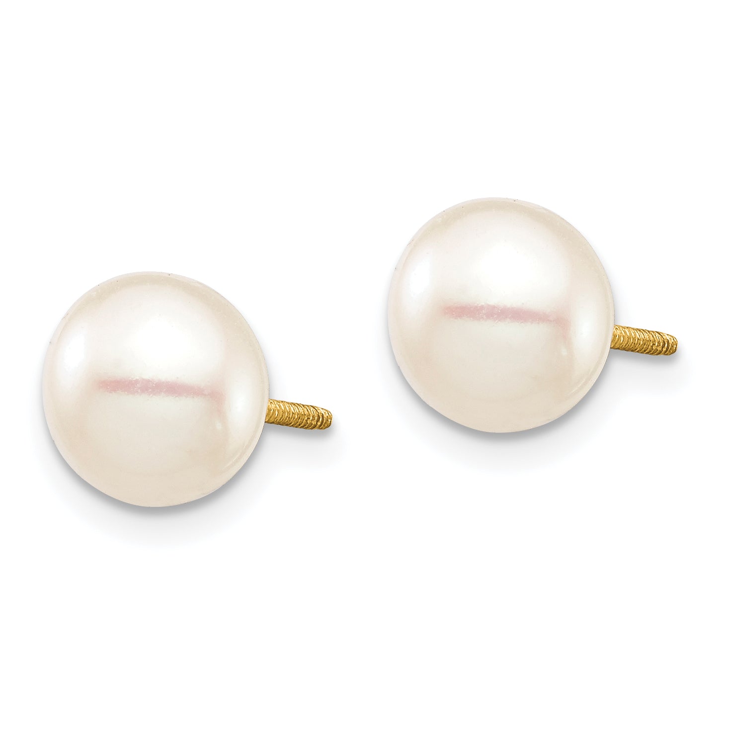 14K Gold 7-8mm White Round Freshwater Cultured Pearl Screwback Earrings