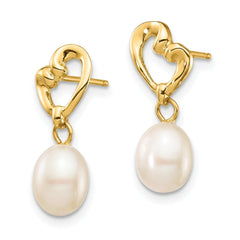 14K Gold Freshwater Cultured Pearl Heart Dangle Earrings, 5-6mm, 17.75mm Length