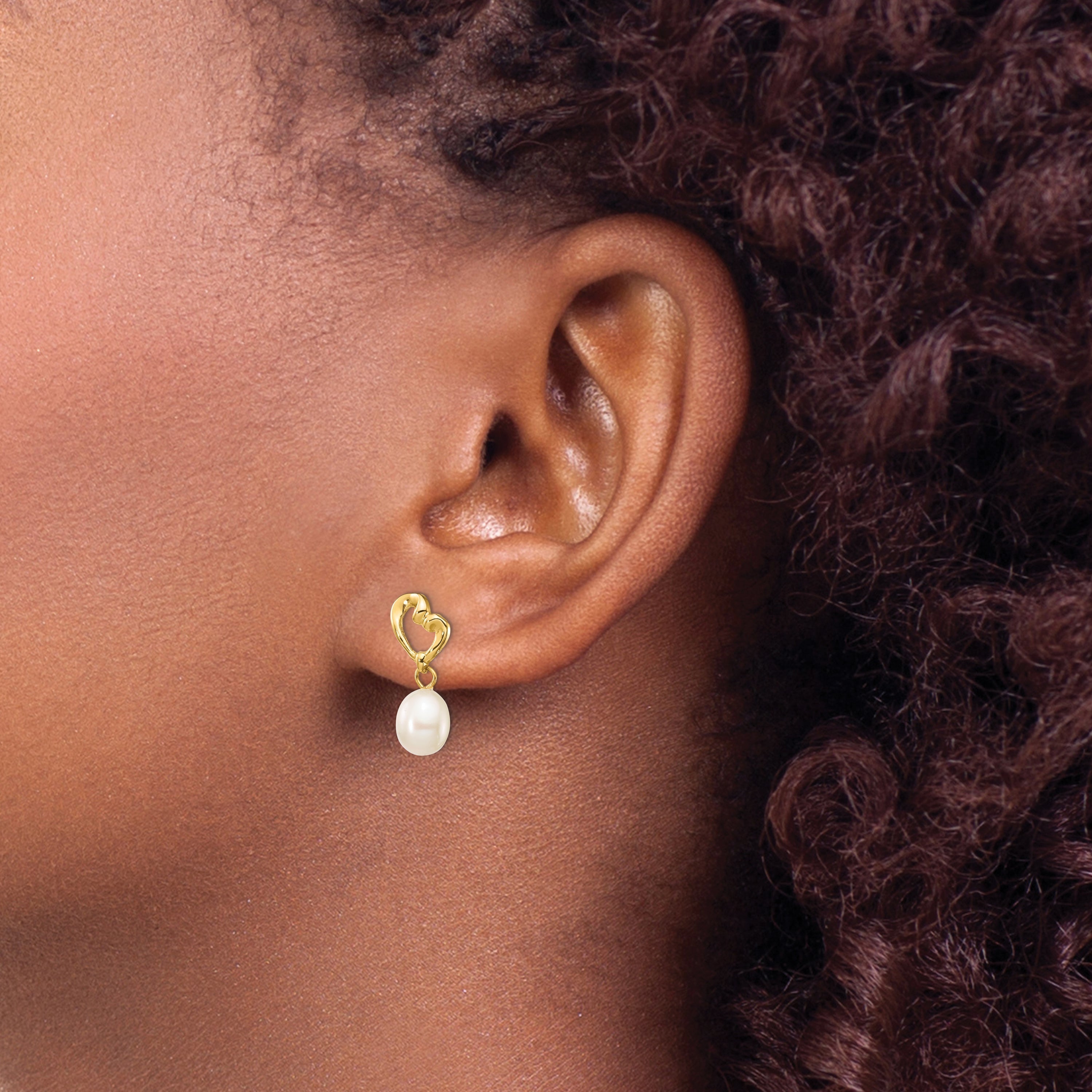 14K Gold Freshwater Cultured Pearl Heart Dangle Earrings, 5-6mm, 17.75mm Length