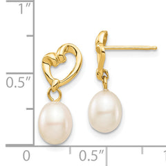 14K Gold Freshwater Cultured Pearl Heart Dangle Earrings, 5-6mm, 17.75mm Length