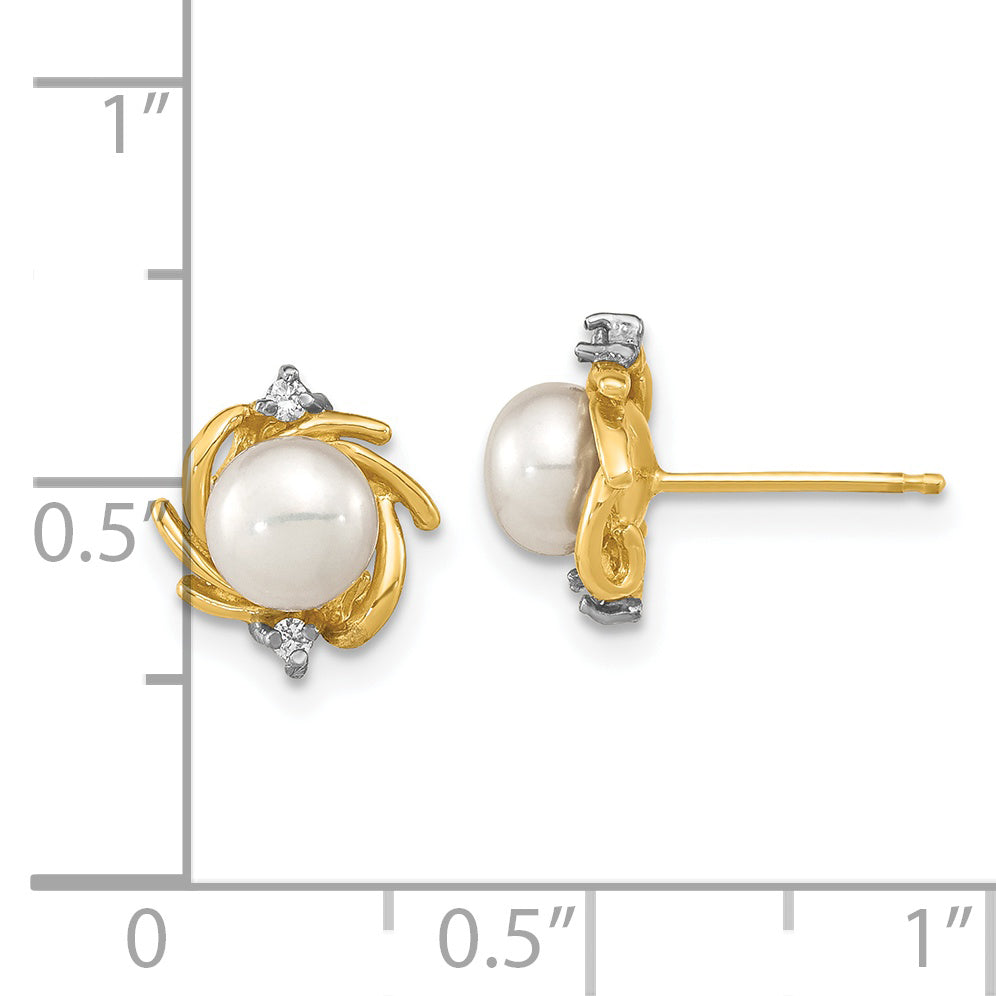 14k Madi K 5-6mm Button White Freshwater Cultured Pearl and .04 Carat Diamond Post Earrings