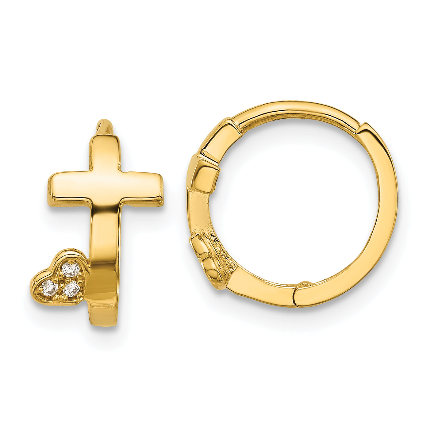 14k Madi K Polished Cross w/CZ Heart Hinged Huggie Hoop Earrings Main image