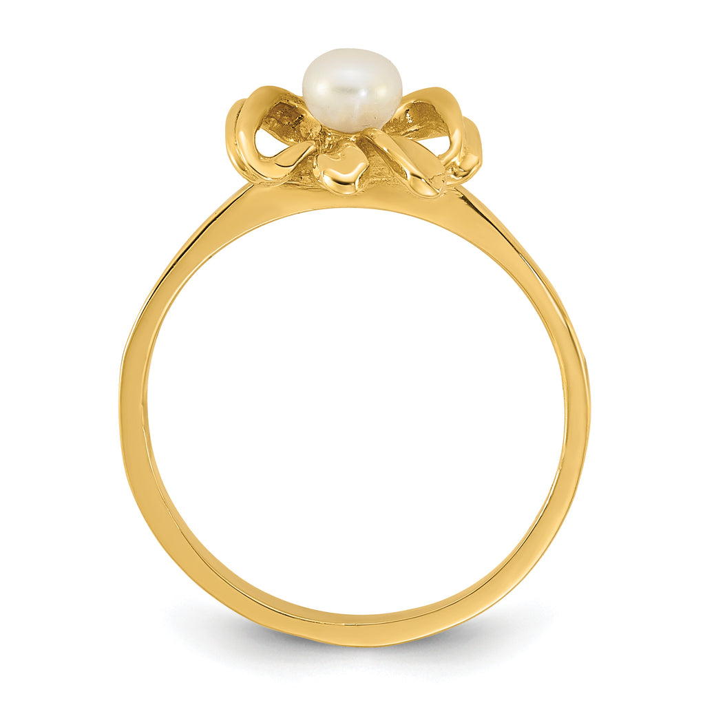 14k Madi K Polished 3-4mm Button White Freshwater Cultured Pearl Bow Size 4 Childrens Ring