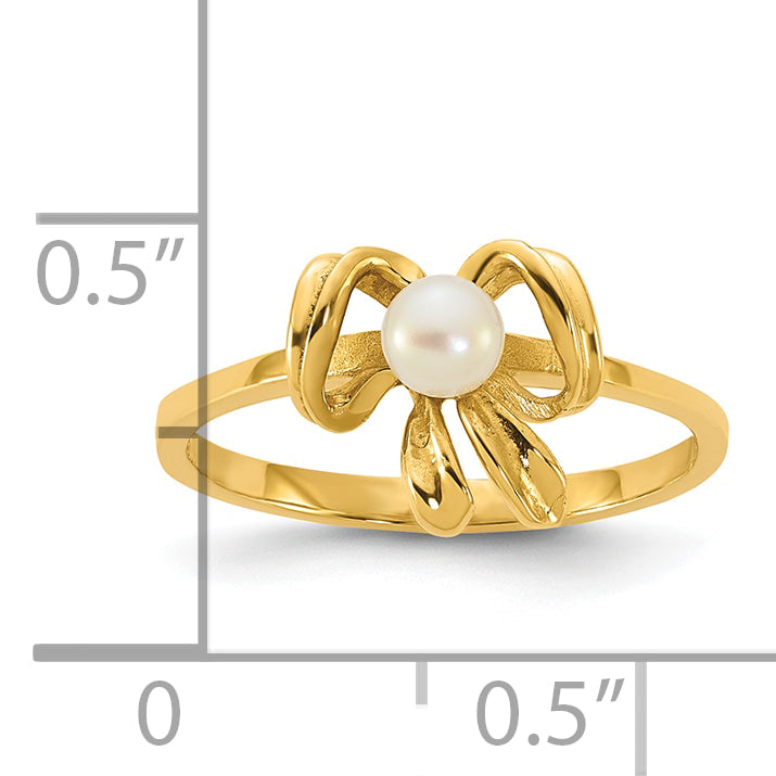 14k Madi K Polished 3-4mm Button White Freshwater Cultured Pearl Bow Size 4 Childrens Ring