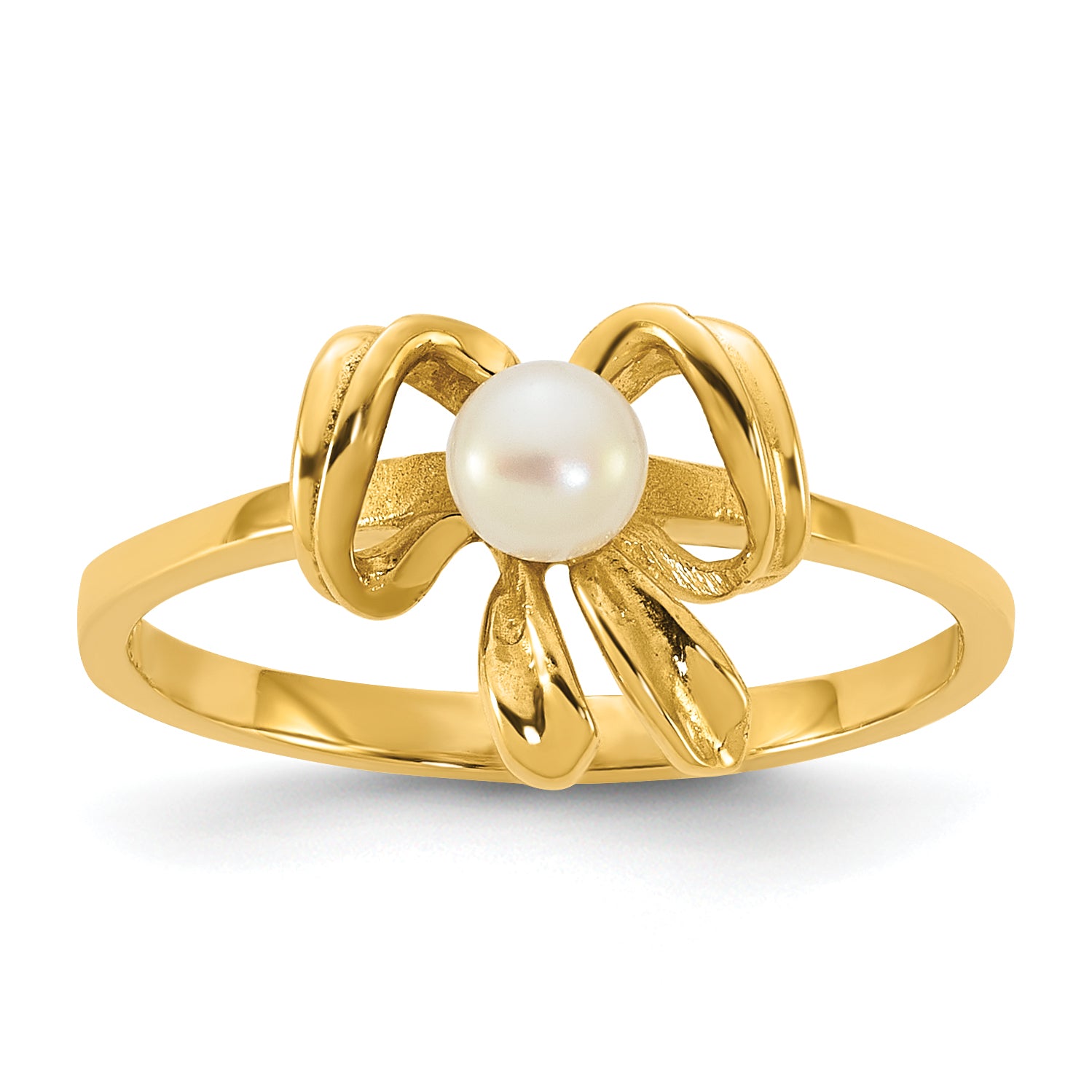 14k Madi K Polished 3-4mm Button White Freshwater Cultured Pearl Bow Size 4 Childrens Ring Main image