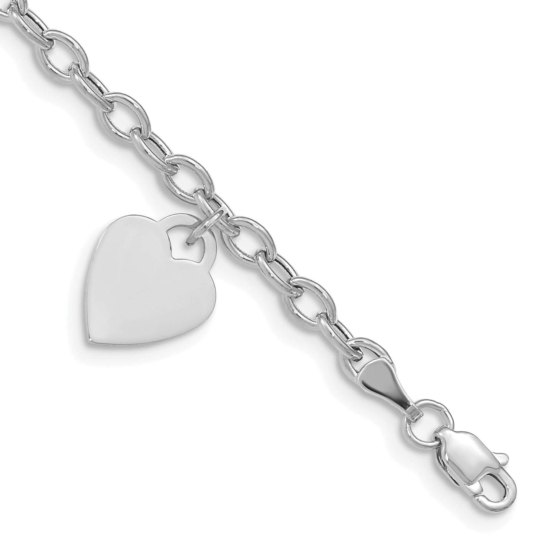 14k White Gold Engravable 14x10mm Solid Dangle Heart Charm and Hollow Chain 8.5 inch Bracelet Main image