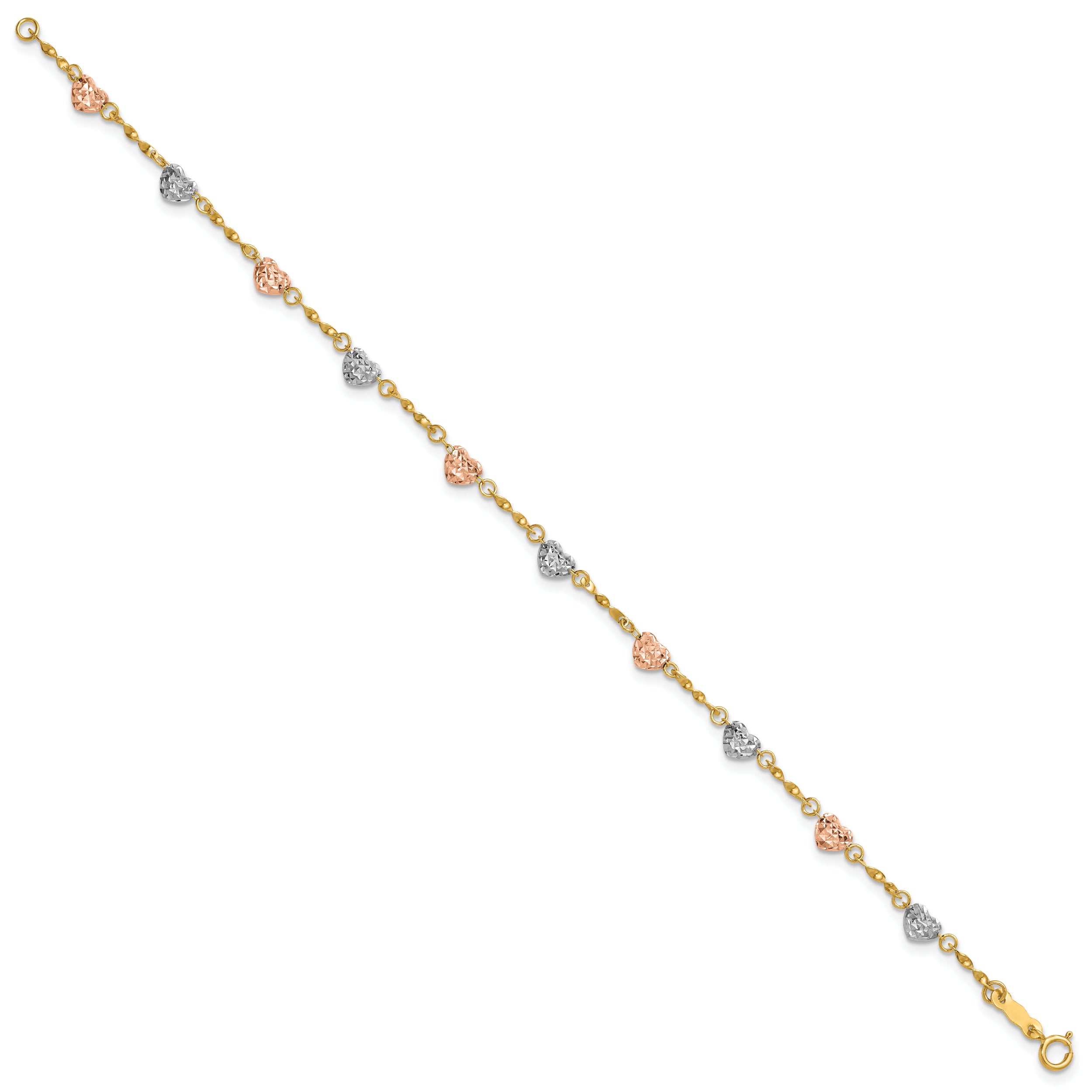 14k Tri-color Diamond-cut Puffed Heart 7 inch Bracelet