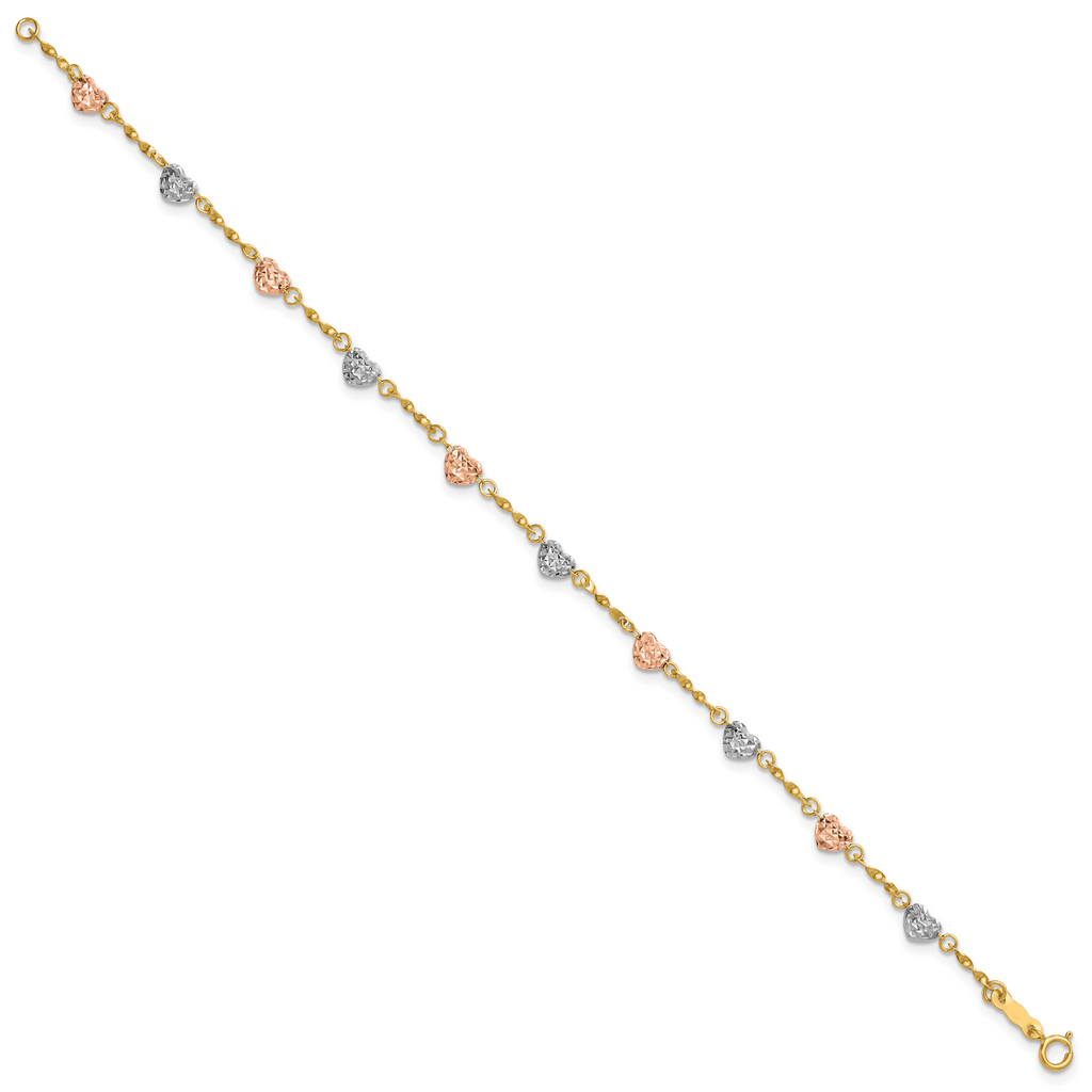 14k Tri-color Puffed Heart 6 inch Childs Bracelet