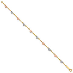 14k Tri-color Diamond-cut Puffed Heart 7 inch Bracelet