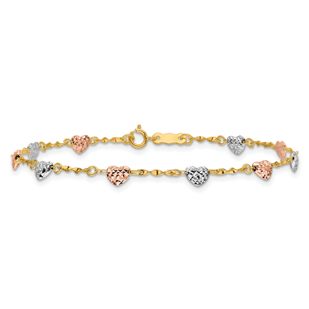 14k Tri-color Puffed Heart 6 inch Childs Bracelet