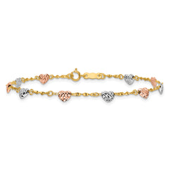 14k Tri-color Diamond-cut Puffed Heart 7 inch Bracelet
