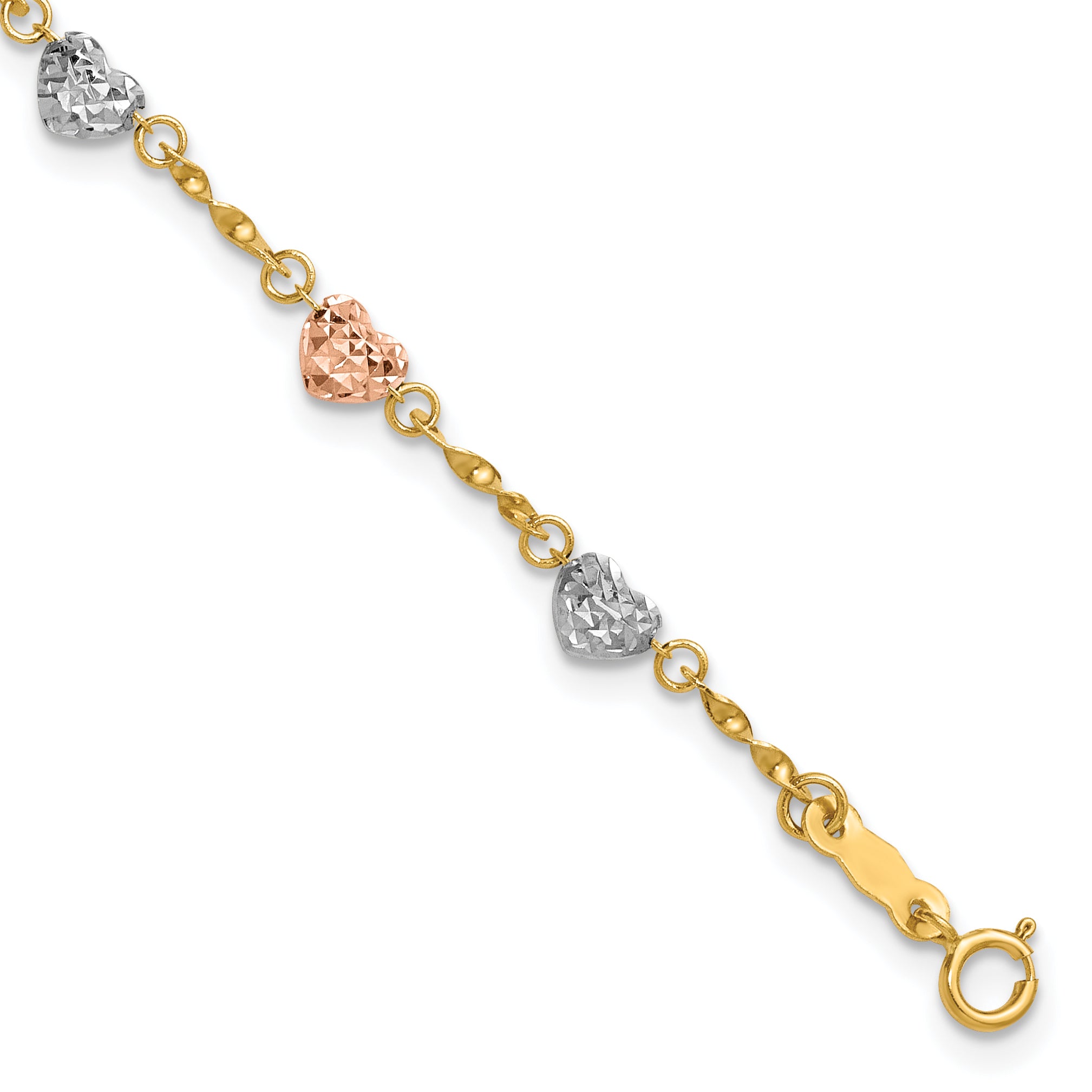 14k Tri-color Diamond-cut Puffed Heart 7 inch Bracelet Main image