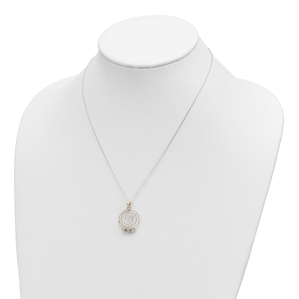 14k Tri-color Diamond-cut Beads on Spiral Pendant 18 inch Necklace