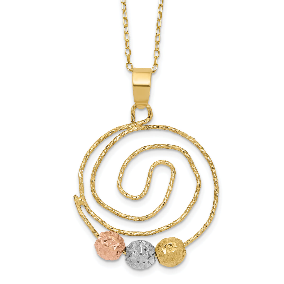 14k Tri-color Diamond-cut Beads on Spiral Pendant 18 inch Necklace