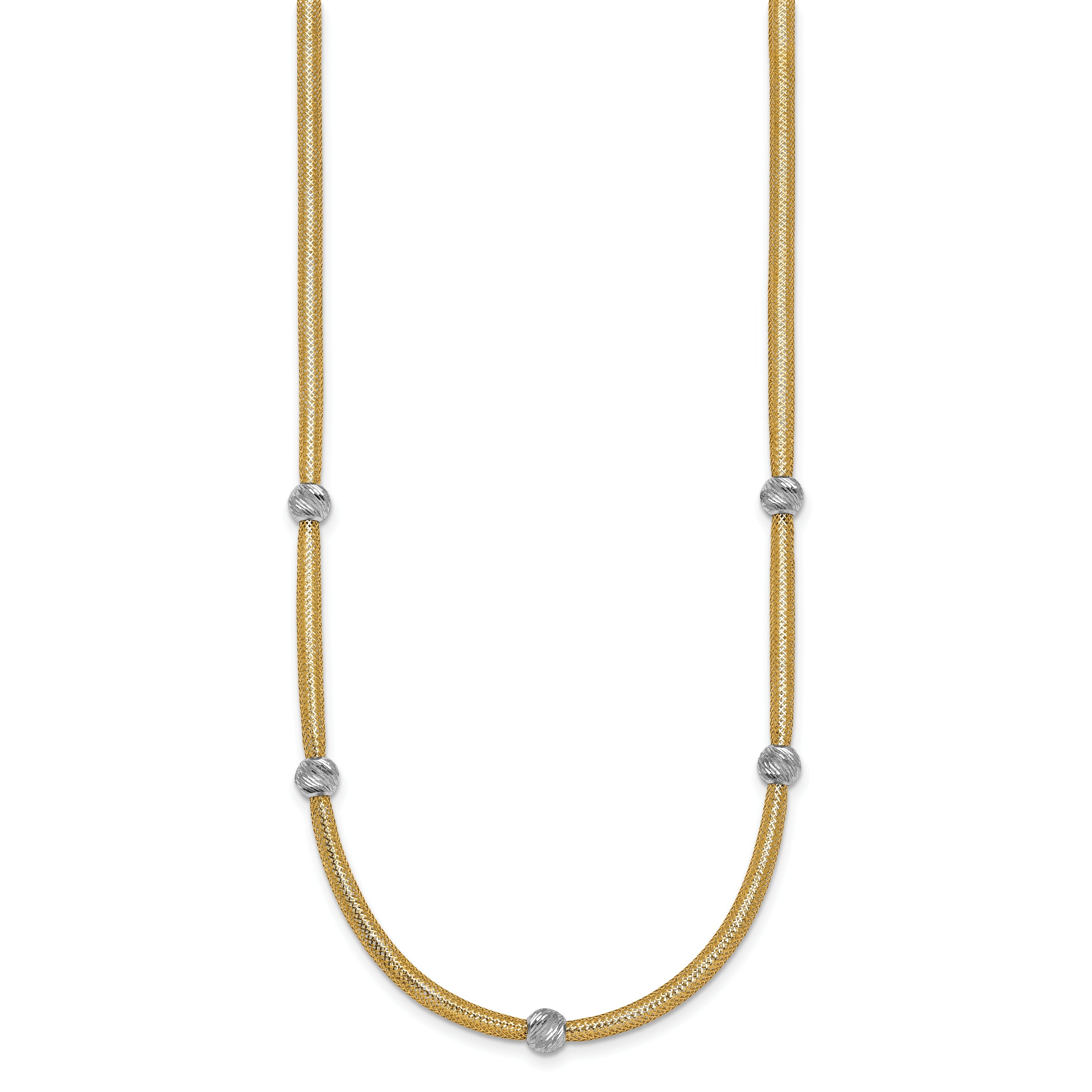 14k Polished with Rhodium 5-Station Diamond-cut Beads 4mm Flexible Mesh 18 inch Necklace