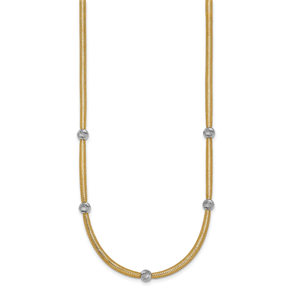 14k Polished with Rhodium 5-Station Diamond-cut Beads 4mm Flexible Mesh 18 inch Necklace