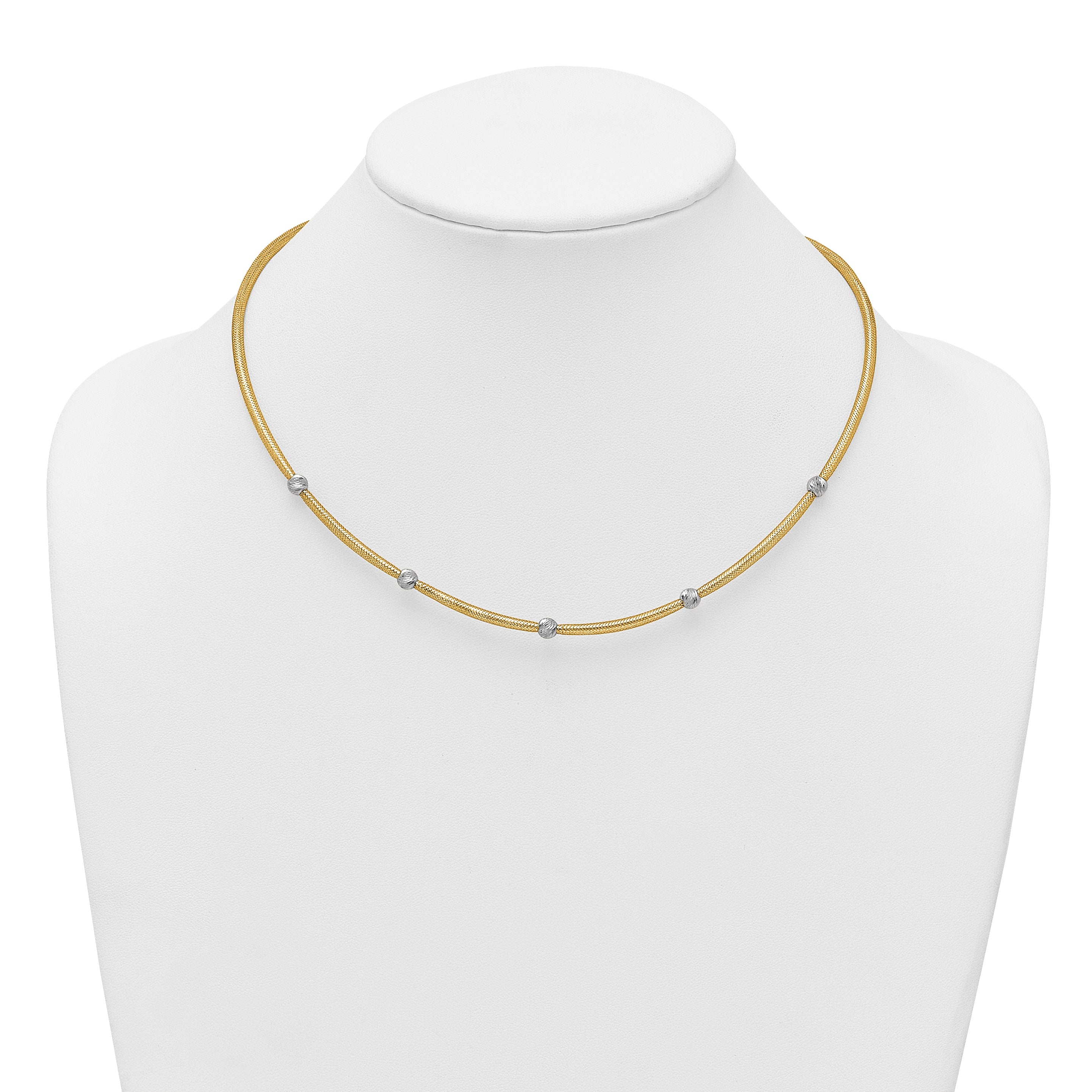 14k Polished with Rhodium 5-Station Diamond-cut Beads 4mm Flexible Mesh 18 inch Necklace