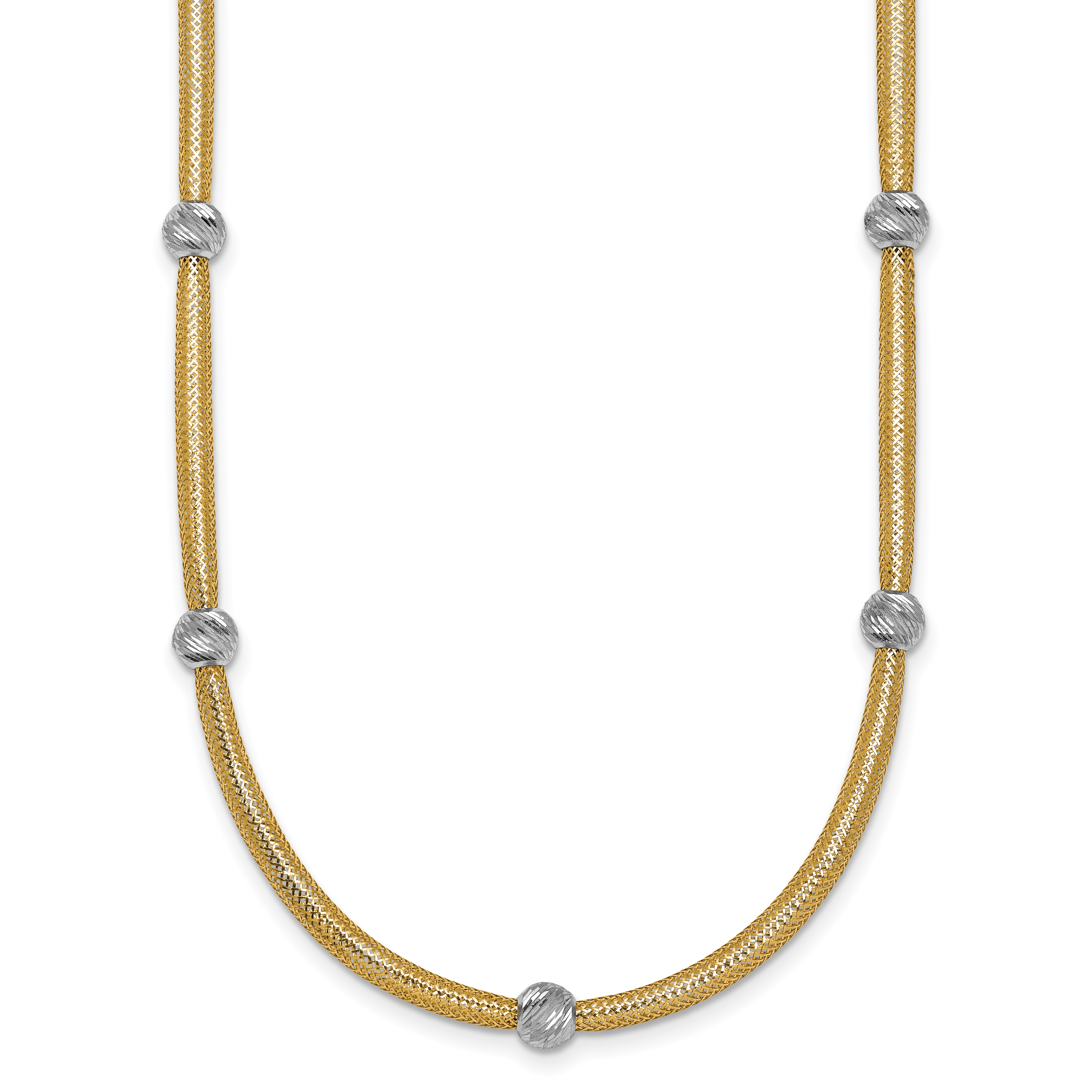 14k Polished with Rhodium 5-Station Diamond-cut Beads 4mm Flexible Mesh 18 inch Necklace