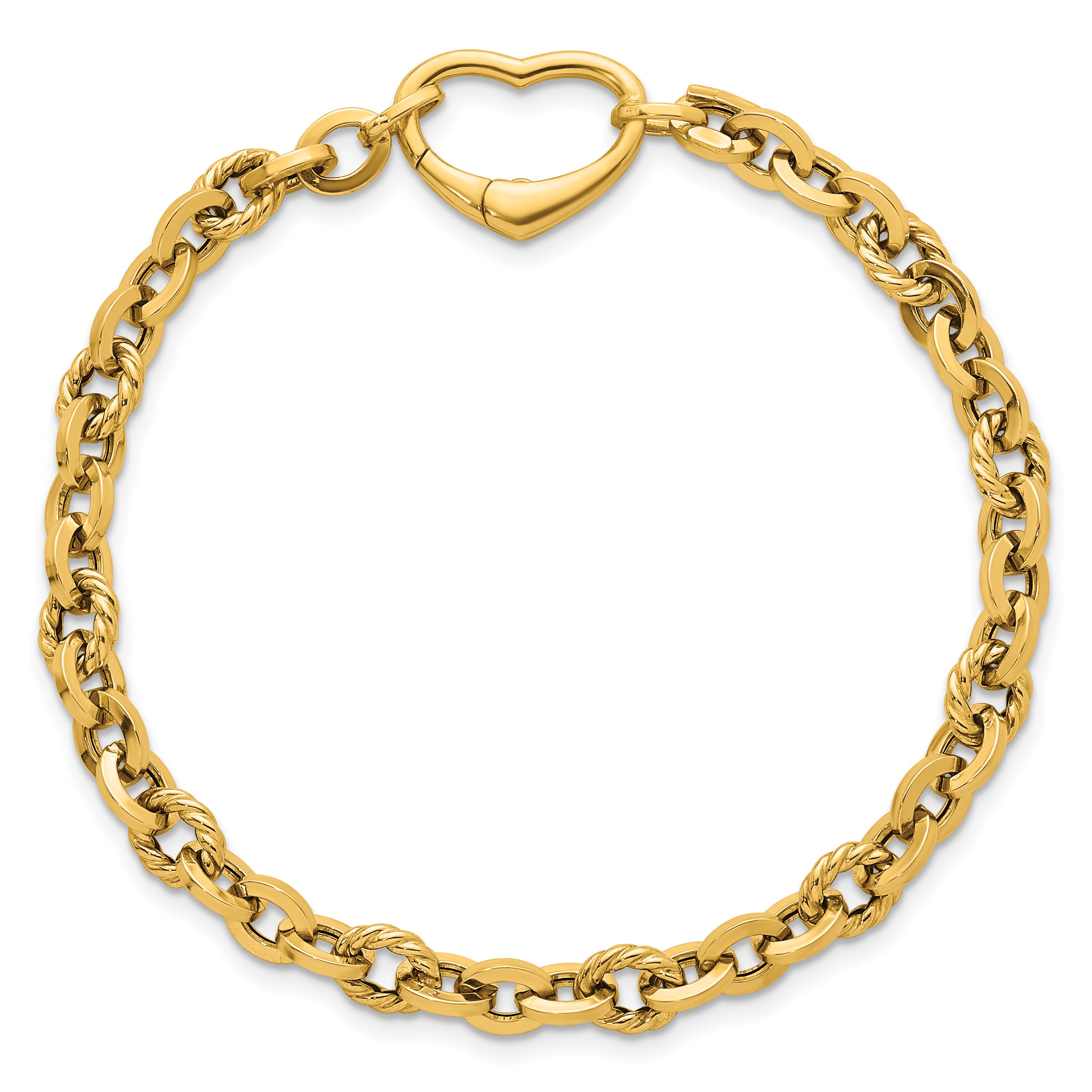 14k Polished and Twisted Cable Link with Heart Clasp 7.5 inch Bracelet