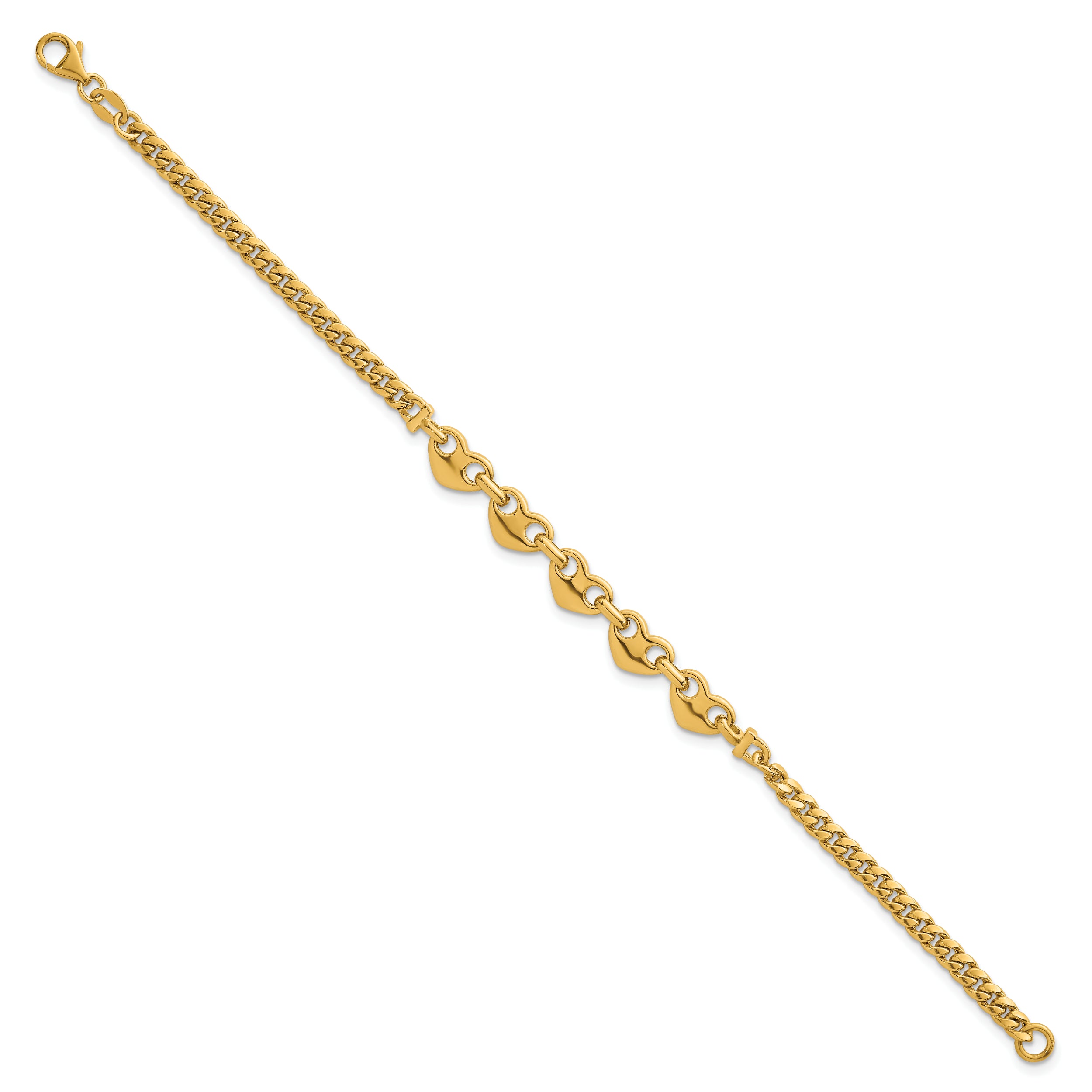 14k Polished Five Hearts with Curb Link 7 inch Bracelet