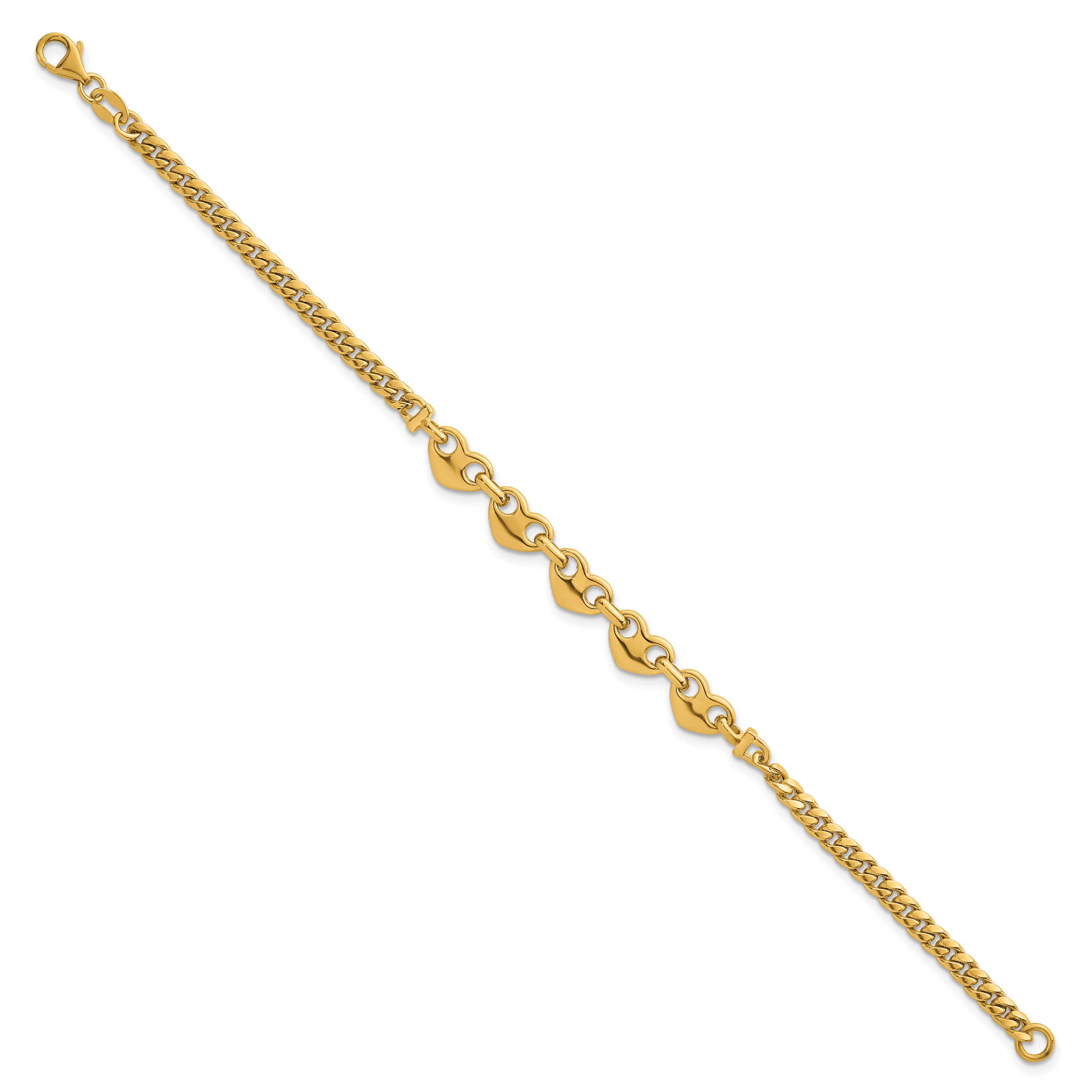 14k Polished Five Hearts with Curb Link 7 inch Bracelet Secondary image