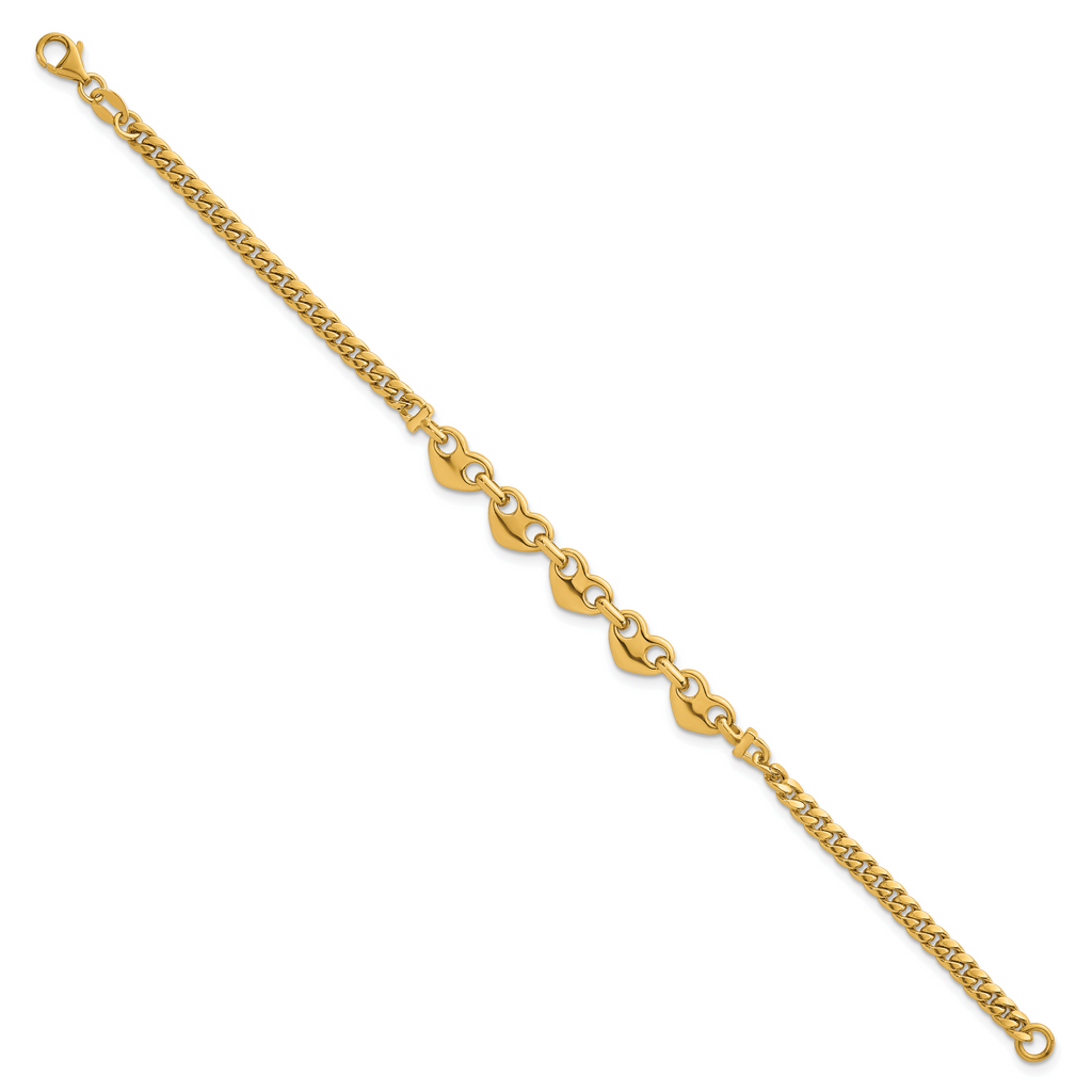 14k Polished Five Hearts with Curb Link 7 inch Bracelet