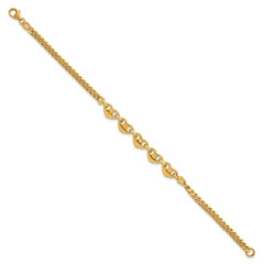 14k Polished Five Hearts with Curb Link 7 inch Bracelet