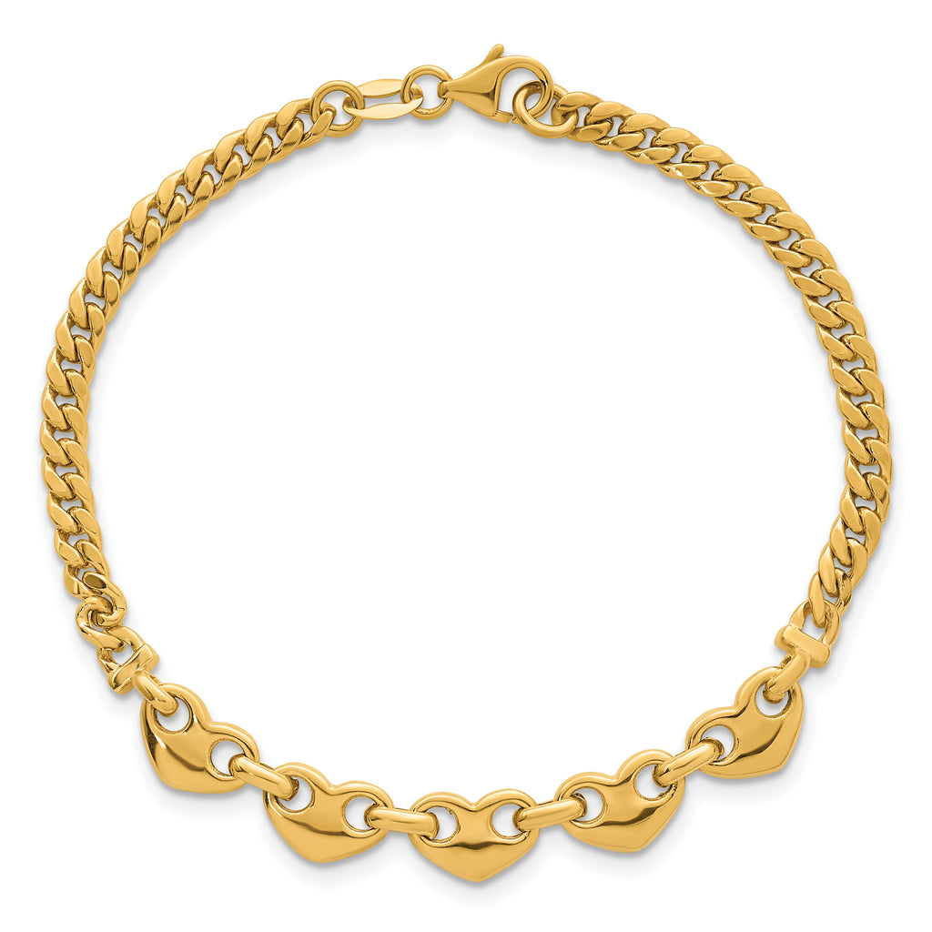 14k Polished Five Hearts with Curb Link 7 inch Bracelet