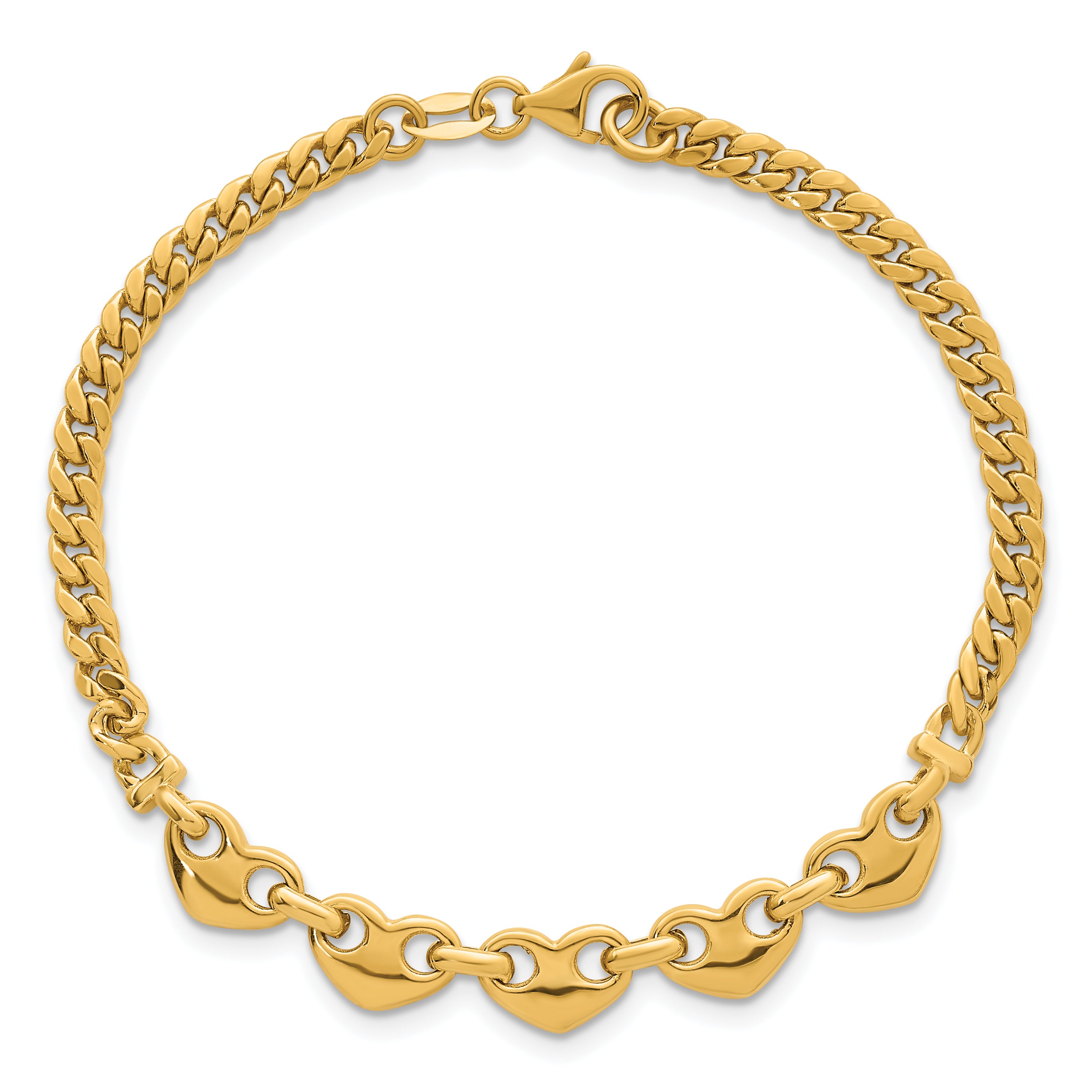 14k Polished Five Hearts with Curb Link 7 inch Bracelet