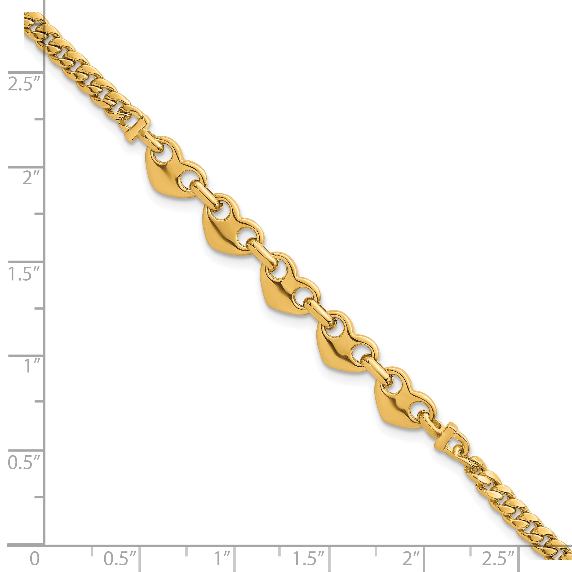 14k Polished Five Hearts with Curb Link 7 inch Bracelet