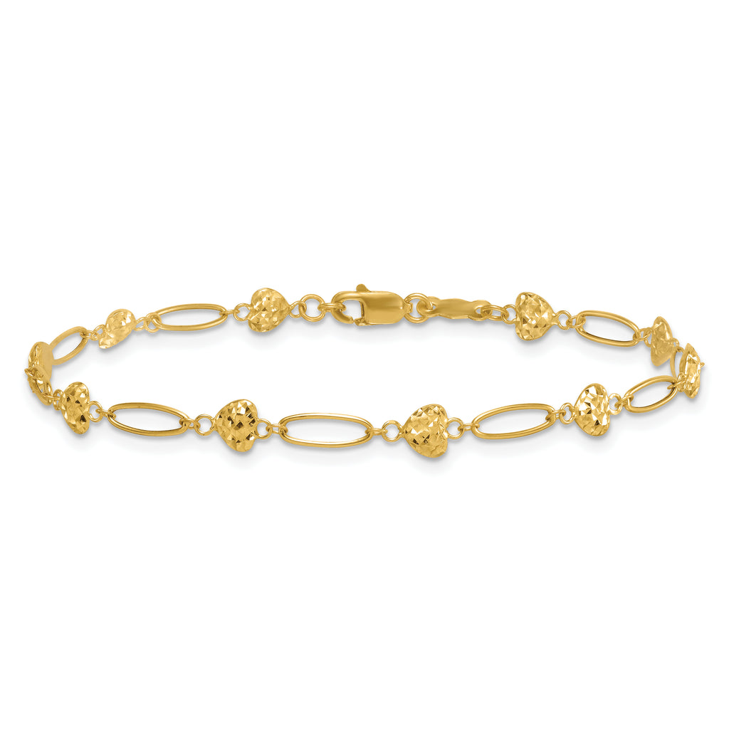 14k Polished Oval Links with Diamond-cut Puffed Hearts 7.5 inch Bracelet