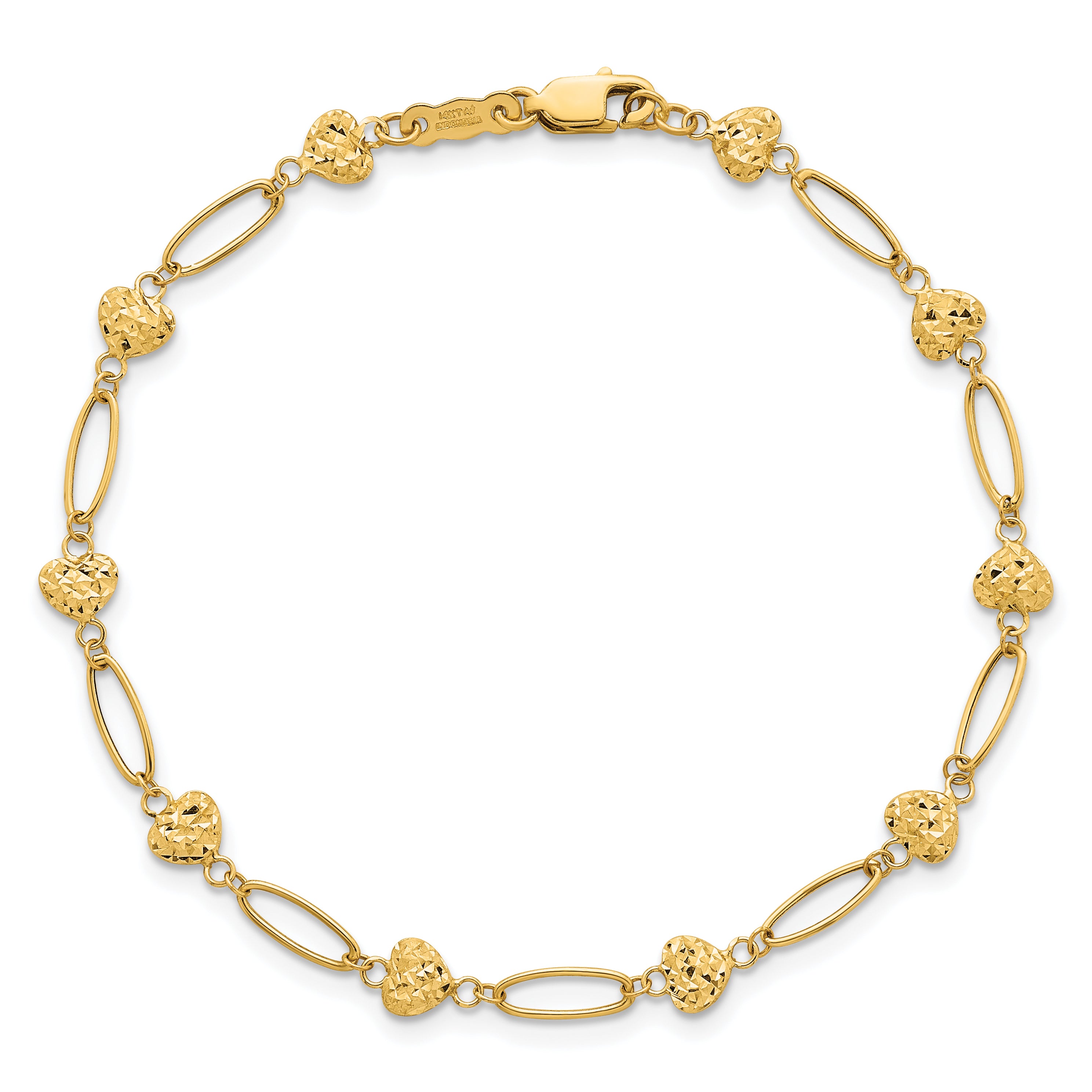 14k Polished Oval Links with Diamond-cut Puffed Hearts 7.5 inch Bracelet