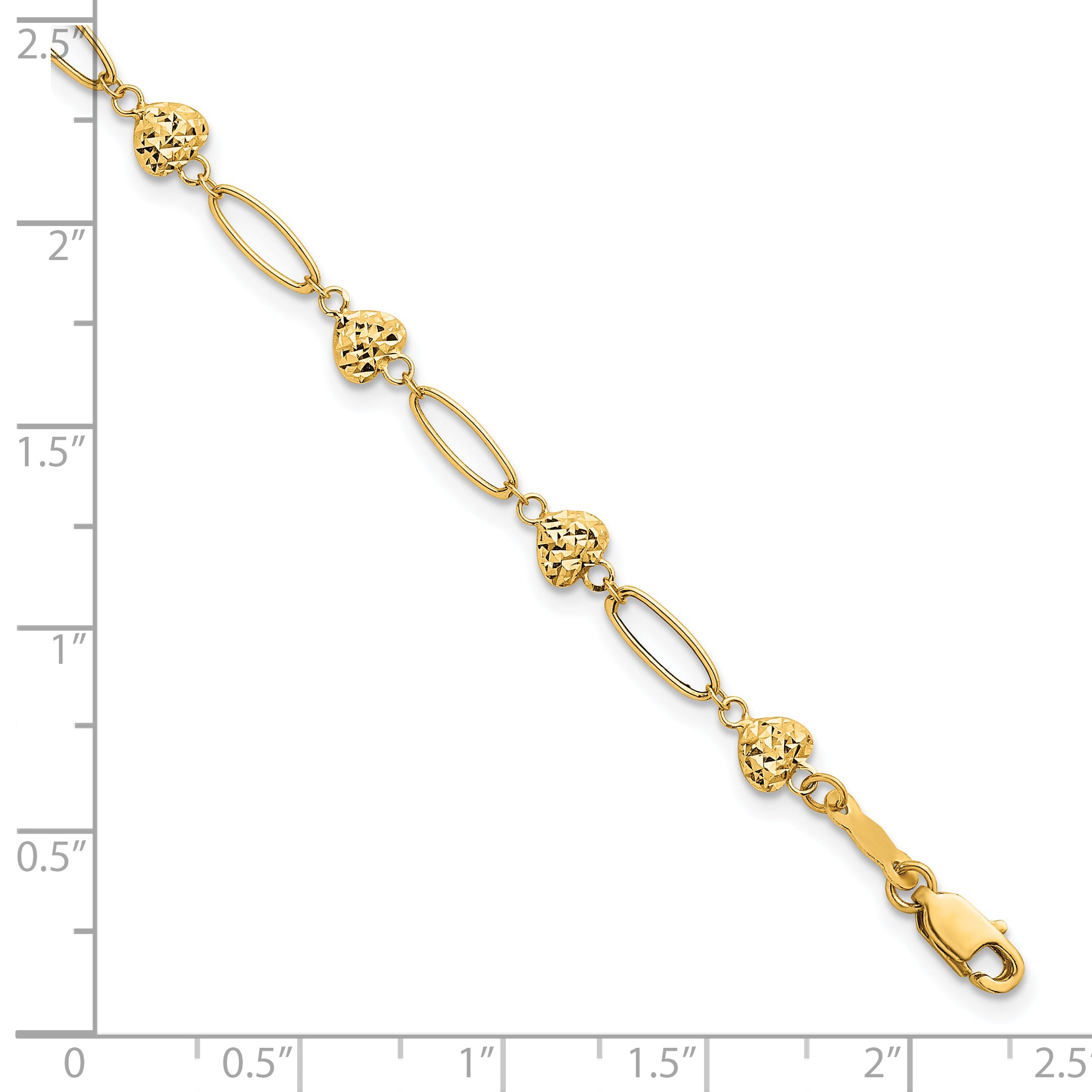 14k Polished Oval Links with Diamond-cut Puffed Hearts 7.5 inch Bracelet