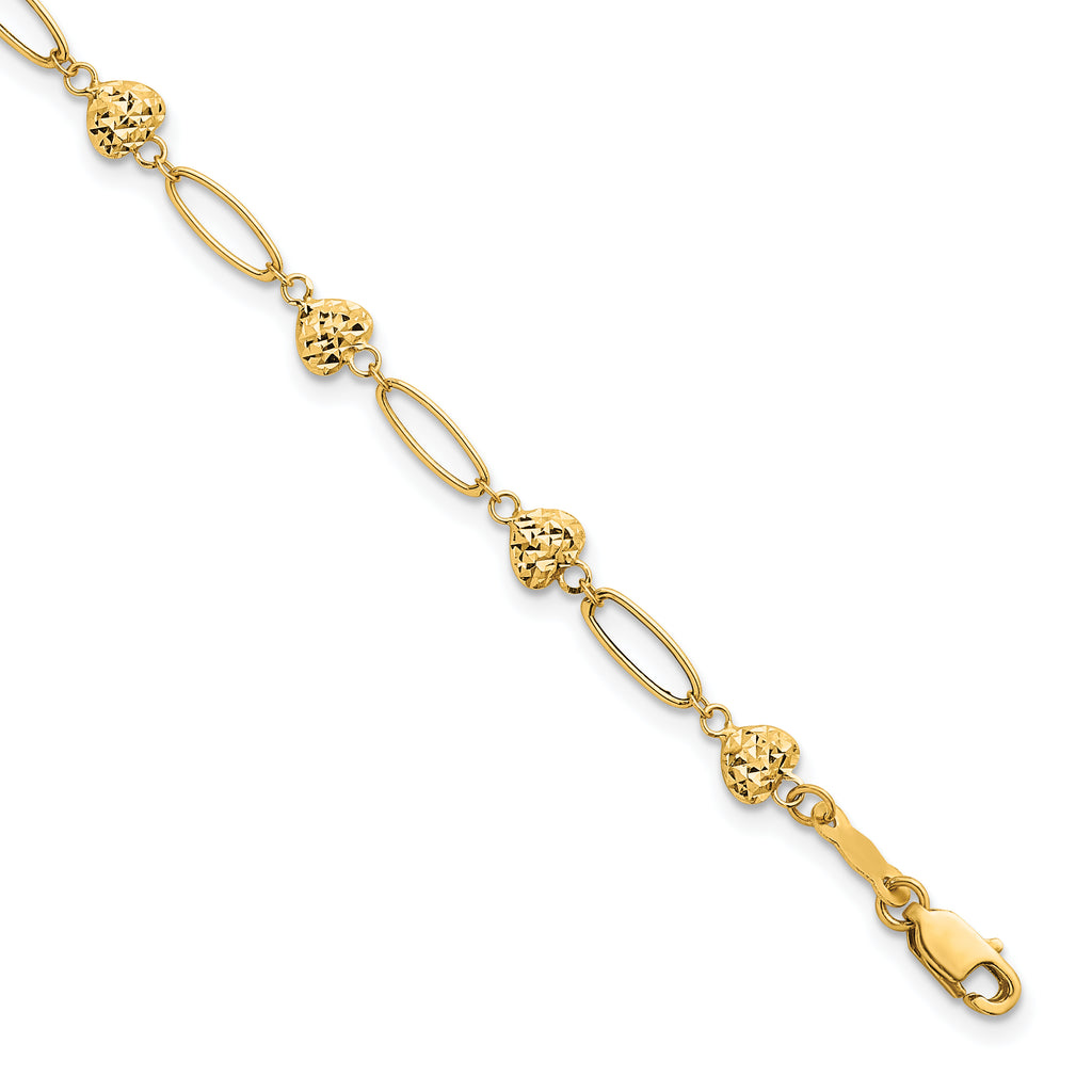 14k Polished Oval Links with Diamond-cut Puffed Hearts 7.5 inch Bracelet