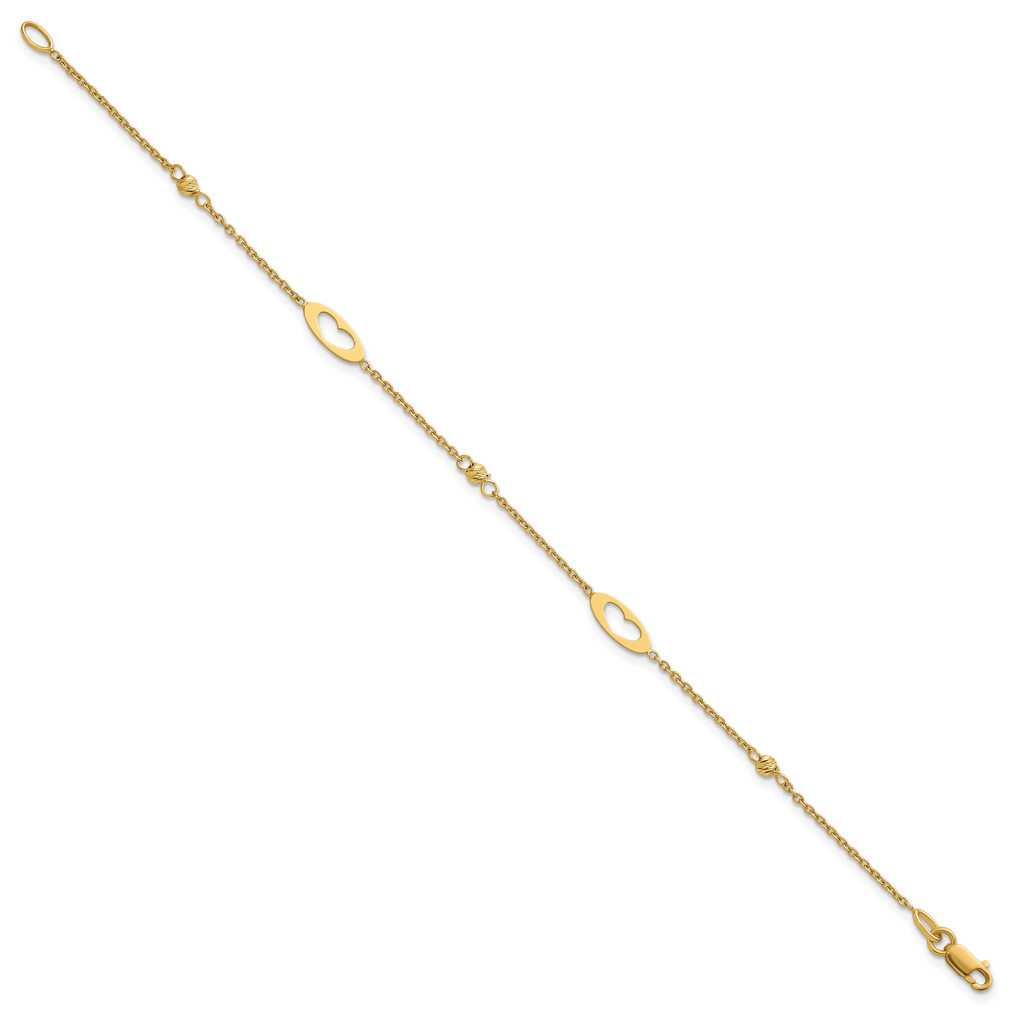 14k Polished Cut-out Hearts and Diamond-cut Beads 7.5 inch Bracelet