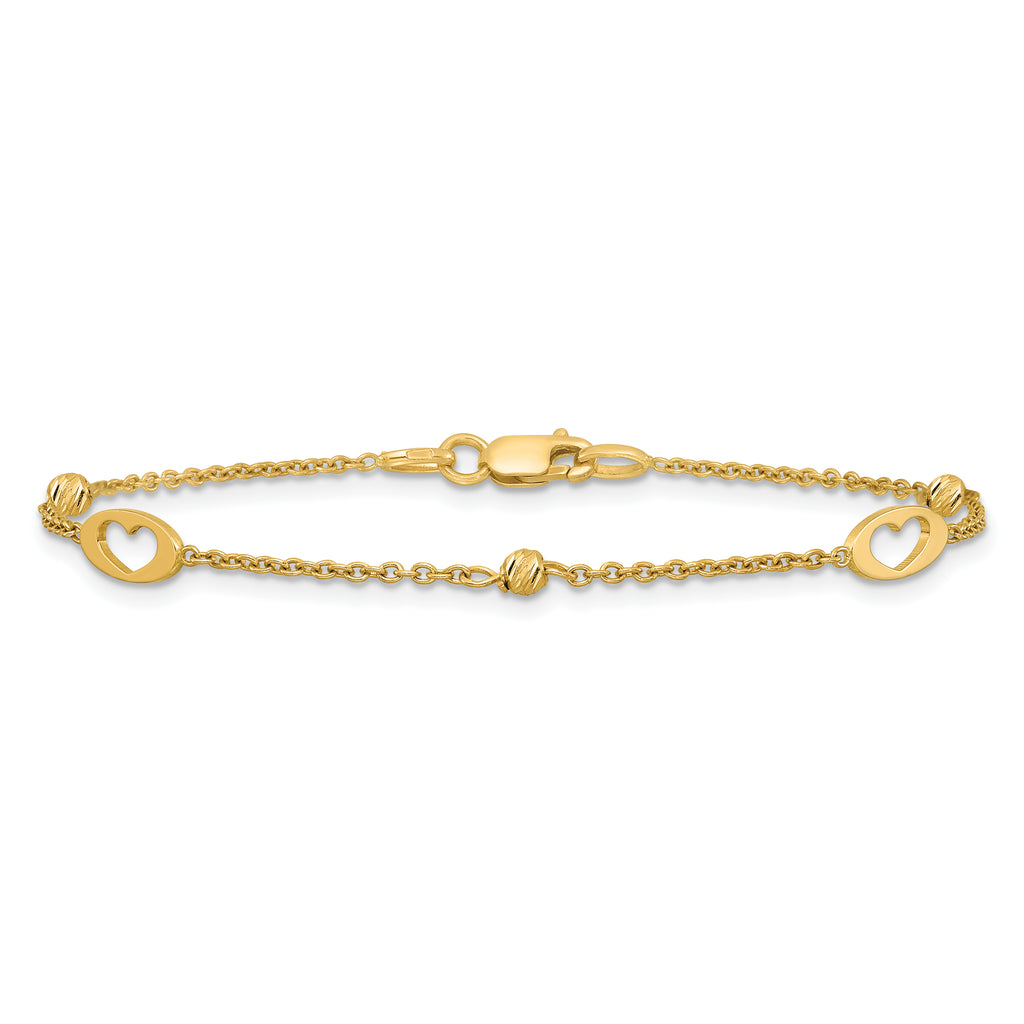 14k Polished Cut-out Hearts and Diamond-cut Beads 7.5 inch Bracelet