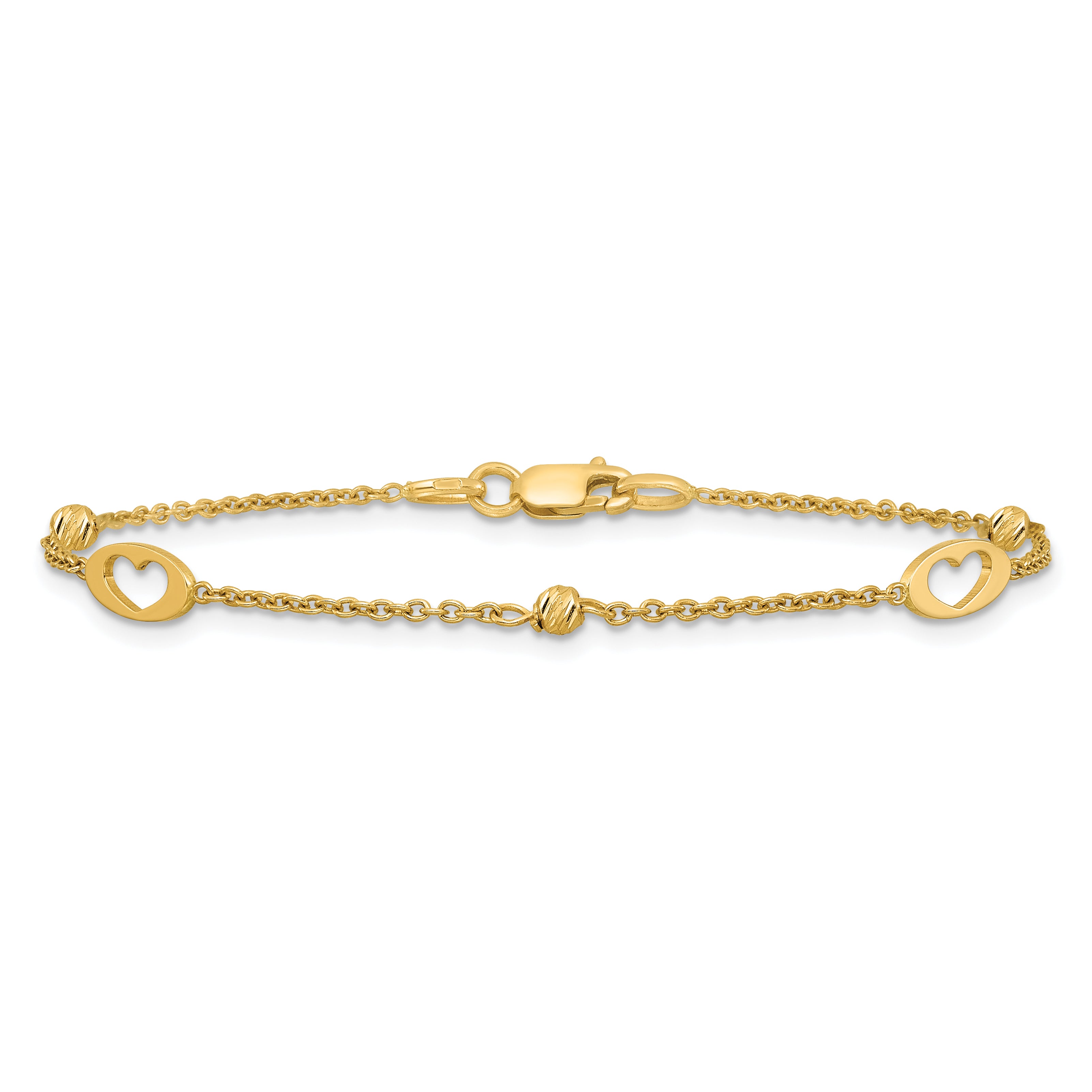 14k Polished Cut-out Hearts and Diamond-cut Beads 7.5 inch Bracelet