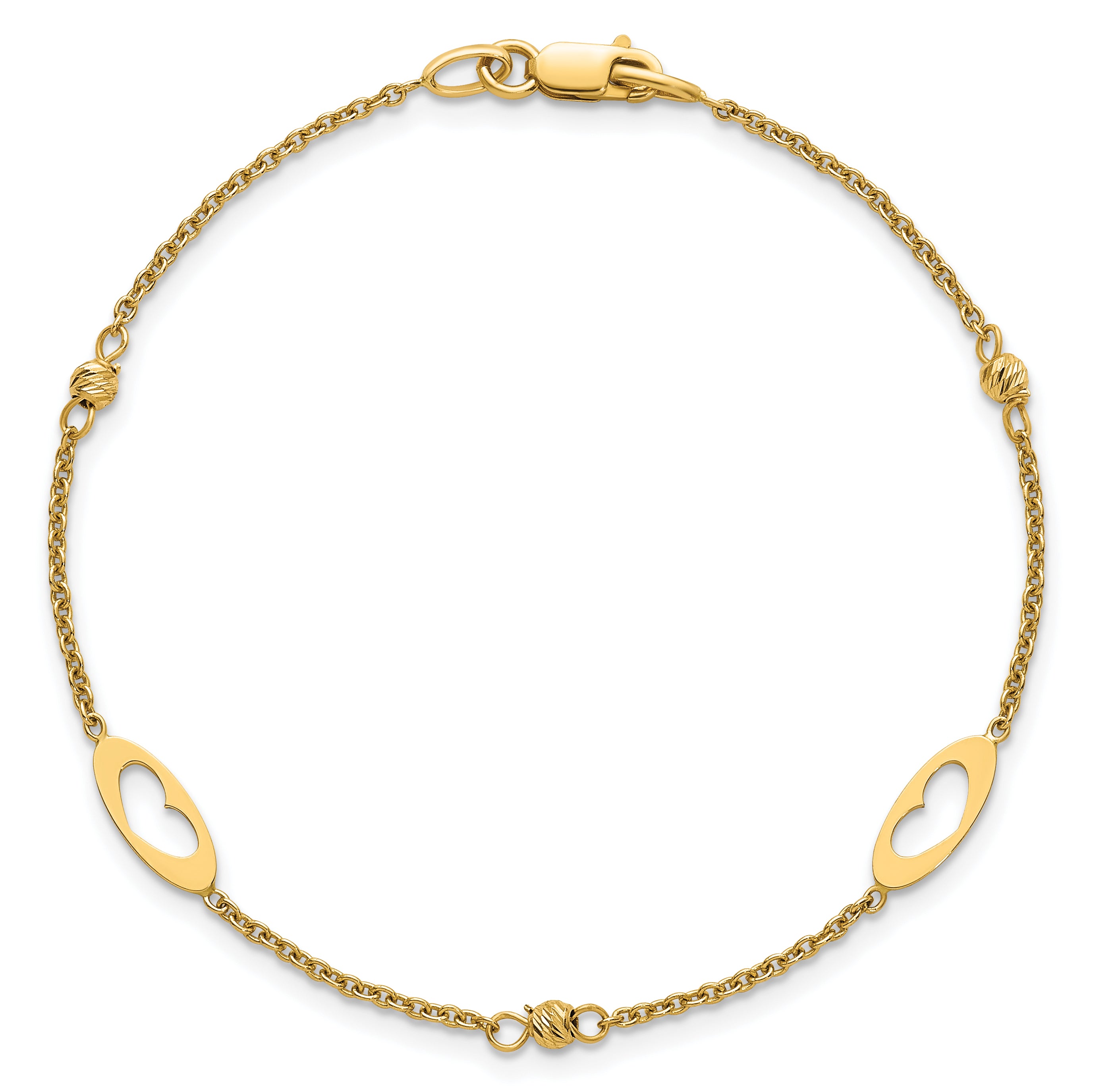 14k Polished Cut-out Hearts and Diamond-cut Beads 7.5 inch Bracelet
