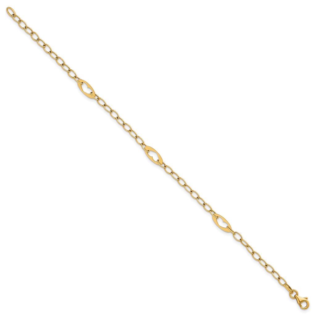 14k Polished Cut-out Hearts and Cable Links 7.25 inch Bracelet