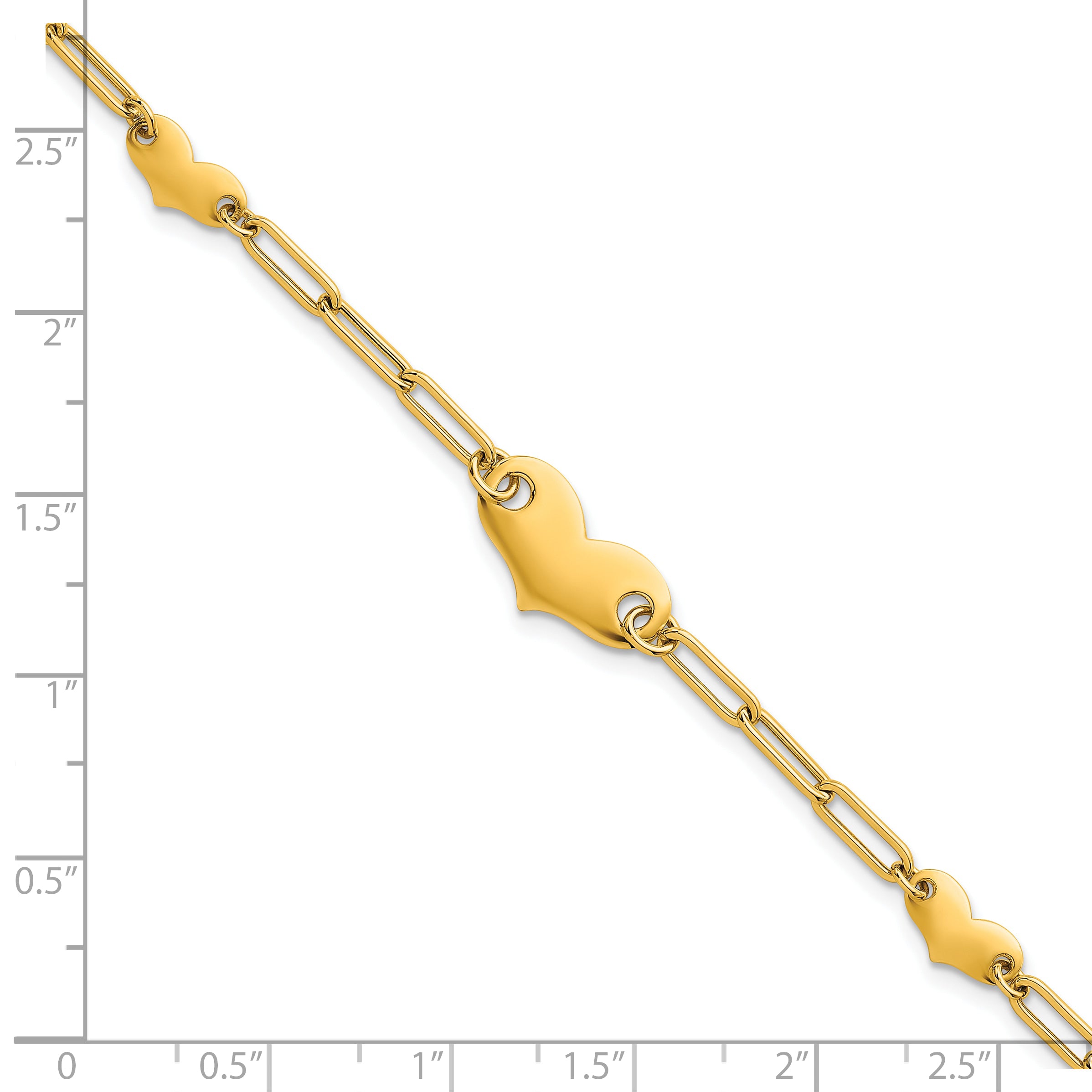 14k Polished Paperclip Link With Three Hearts 7.5 inch Bracelet