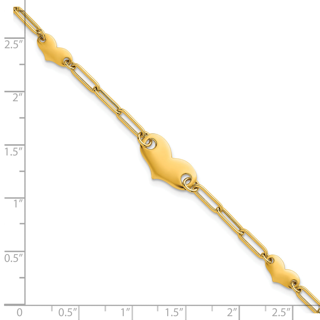 14k Polished Paperclip Link With Three Hearts 7.5 inch Bracelet