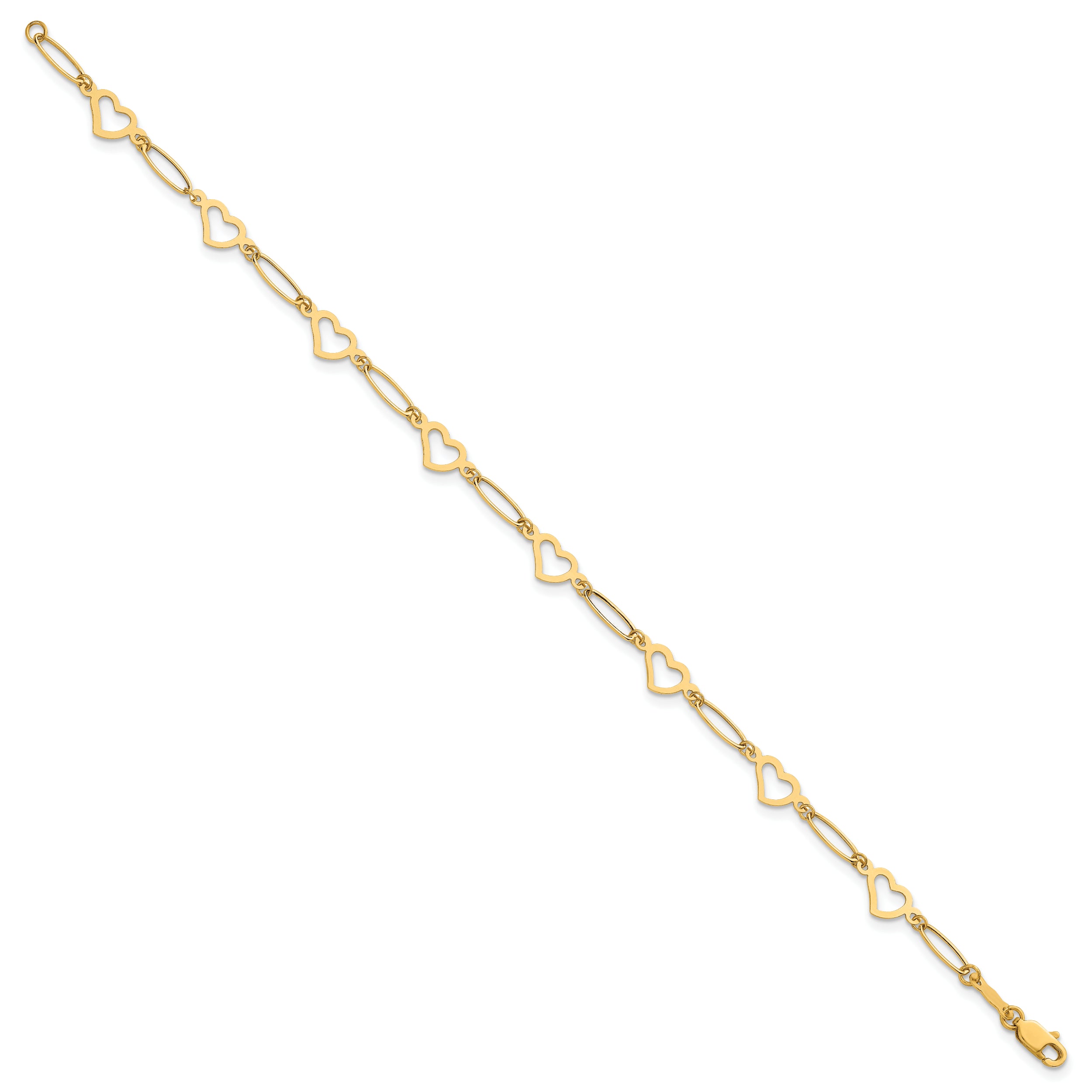 14k Polished Oval Links and Open Hearts 7.5 inch Bracelet