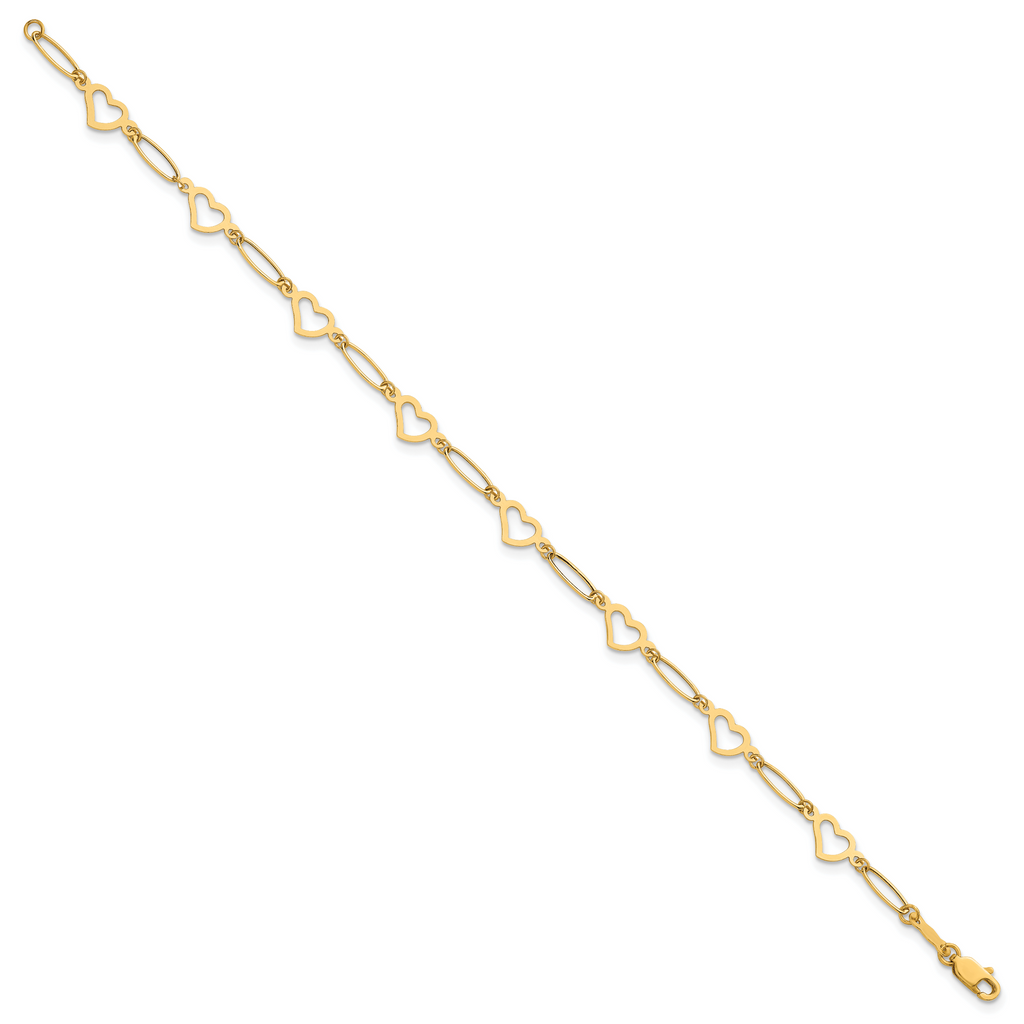 14k Polished Oval Links and Open Hearts 7.5 inch Bracelet
