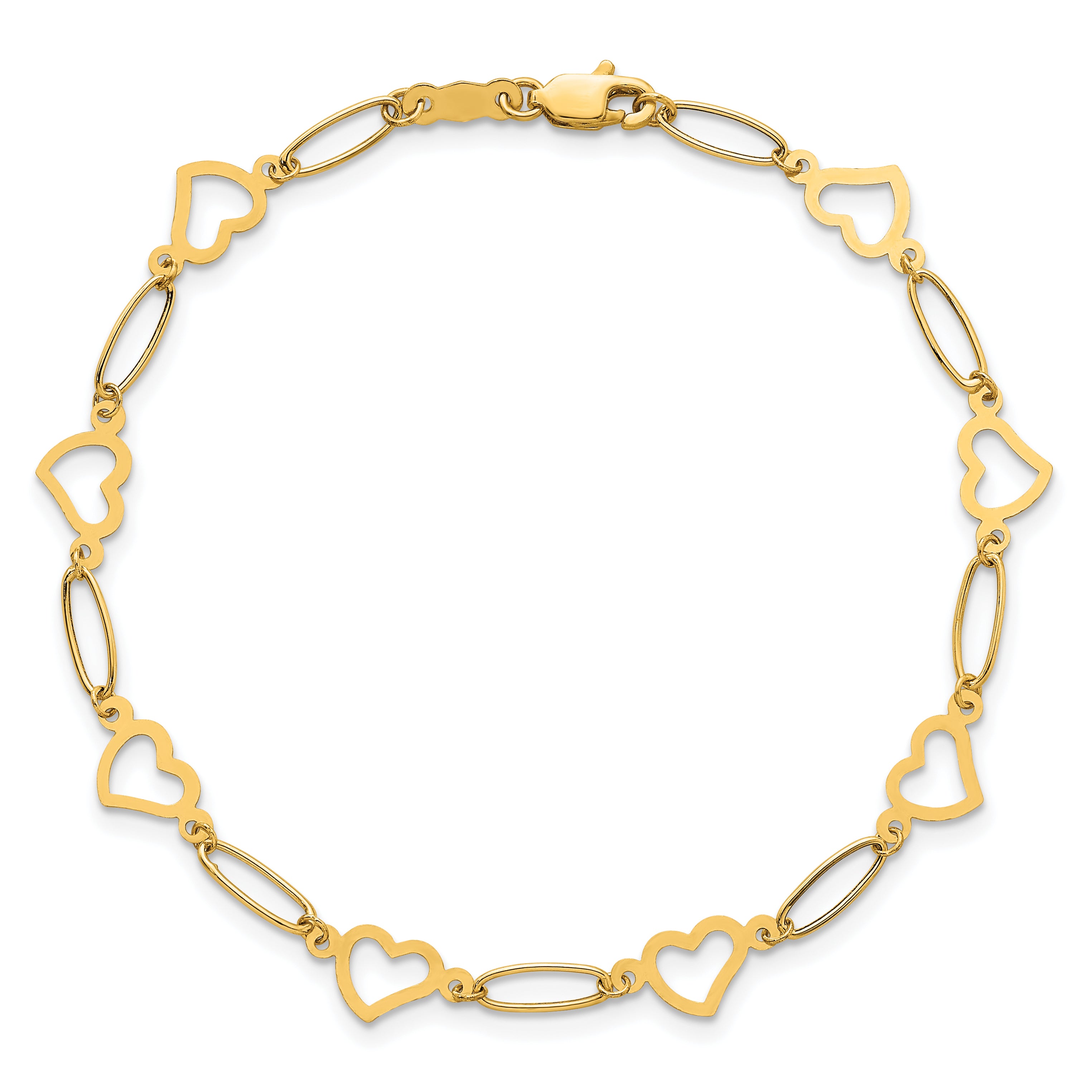 14k Polished Oval Links and Open Hearts 7.5 inch Bracelet