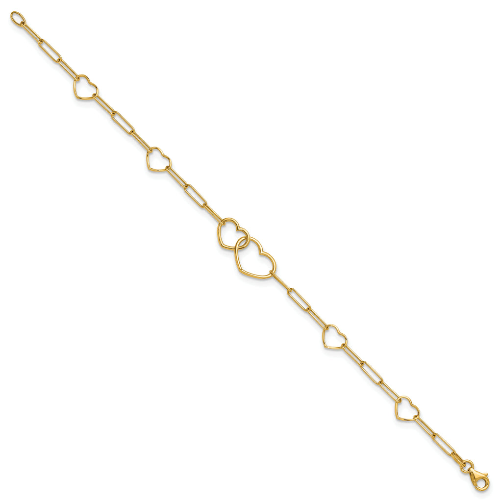 14k Polished Double Hearts and Paper Clip Links 7.5 inch Bracelet
