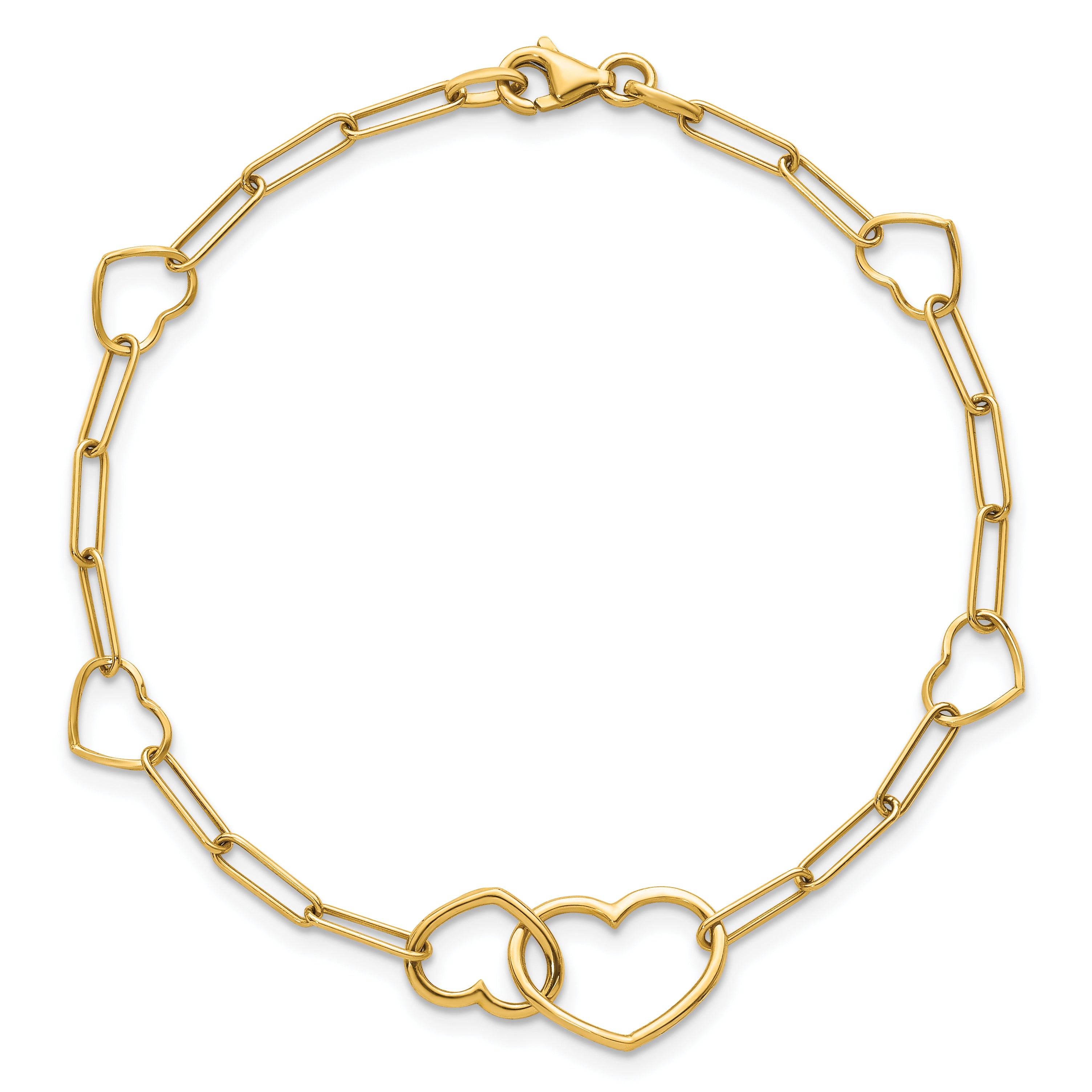 14k Polished Double Hearts and Paper Clip Links 7.5 inch Bracelet
