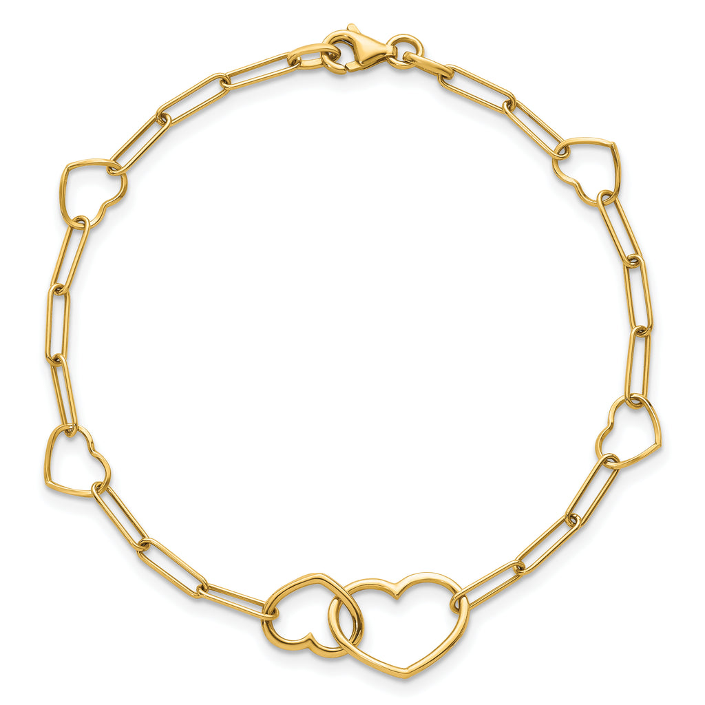 14k Polished Double Hearts and Paper Clip Links 7.5 inch Bracelet