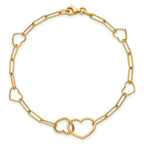 14k Polished Double Hearts and Paper Clip Links 7.5 inch Bracelet